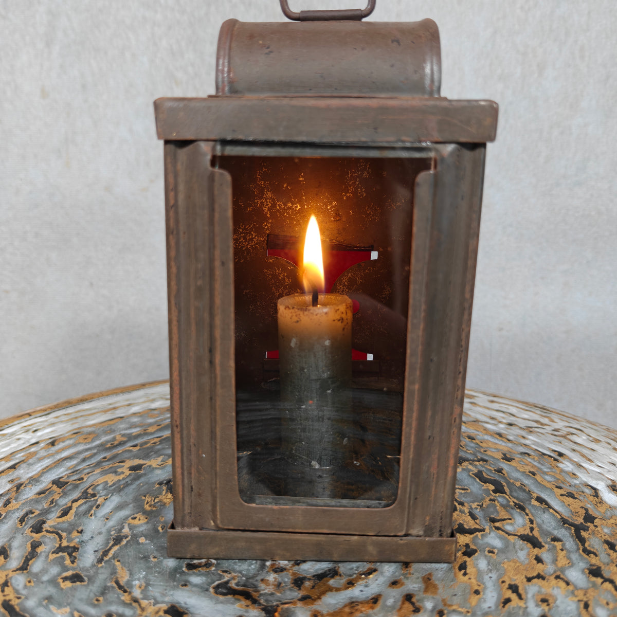 Unique Old & Vintage Hand Lantern / Candle Lamp – Hand Lamp with Glass and Red Rear Light, Complete and Working