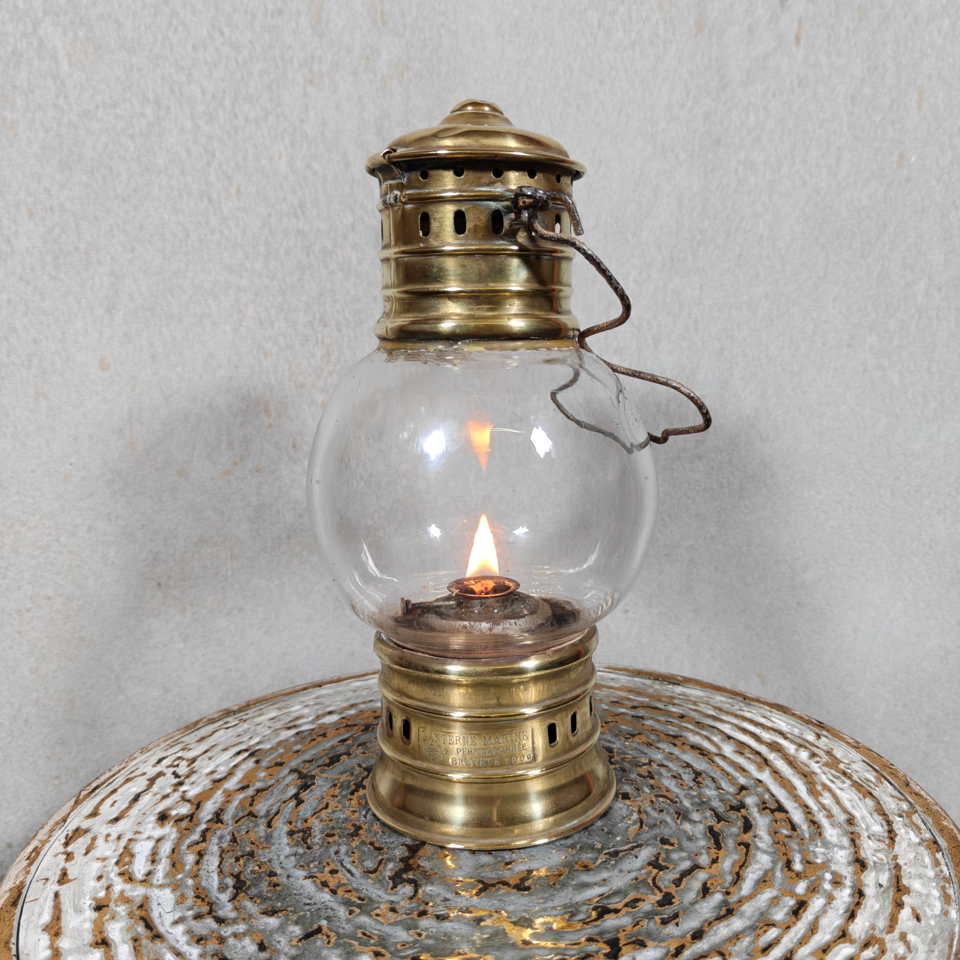 Rare 1920s Brass Ship’s Lantern by Ets. Girardin – Dual Fuel (Oil & Candle) – Marine Marked