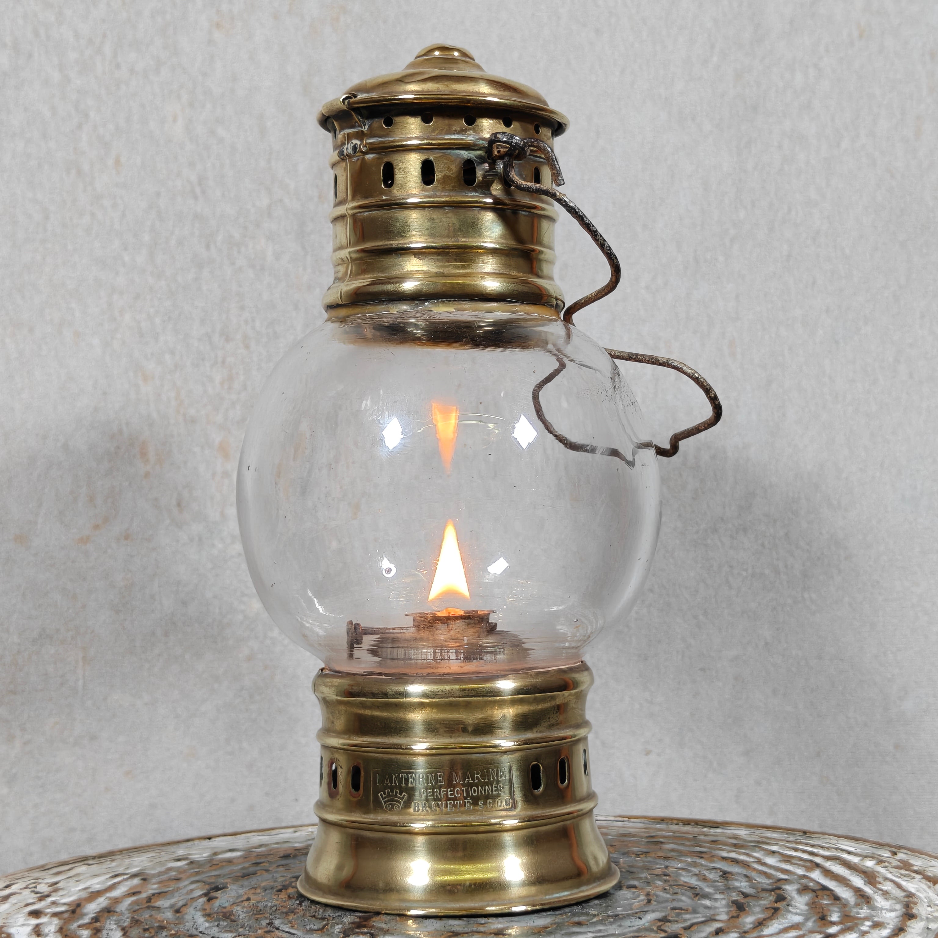 Rare 1920s Brass Ship’s Lantern by Ets. Girardin – Dual Fuel (Oil & Candle) – Marine Marked