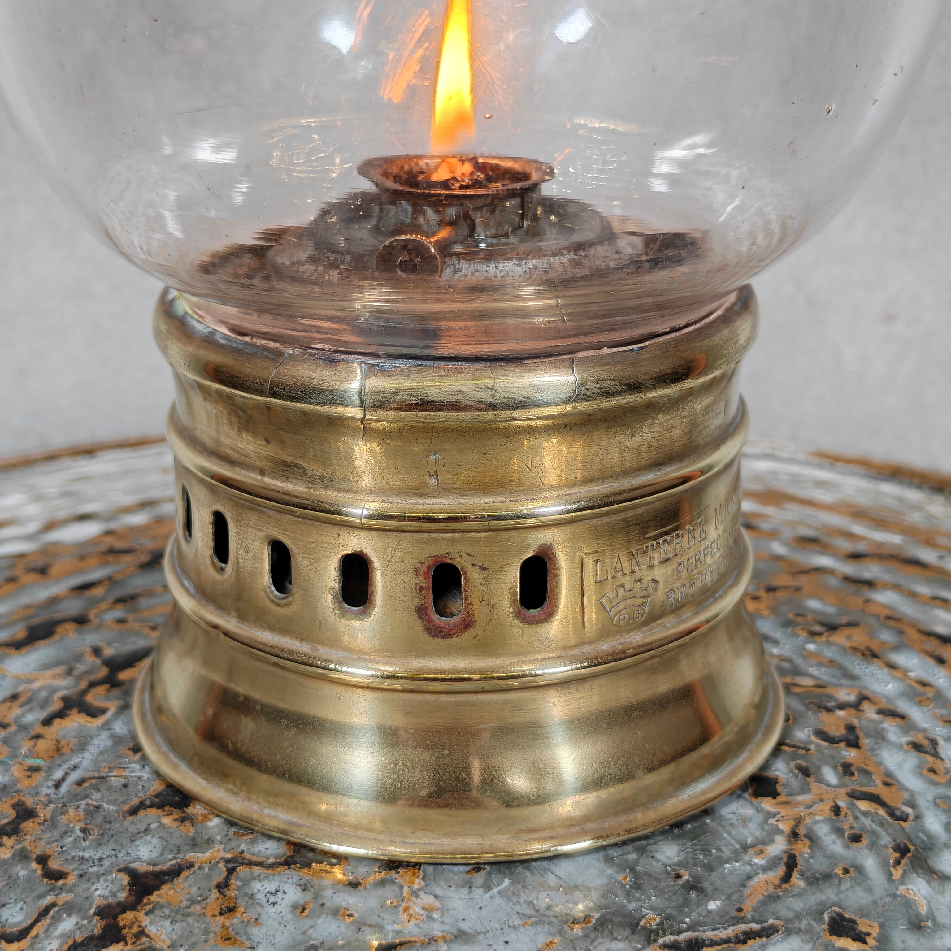 Rare 1920s Brass Ship’s Lantern by Ets. Girardin – Dual Fuel (Oil & Candle) – Marine Marked