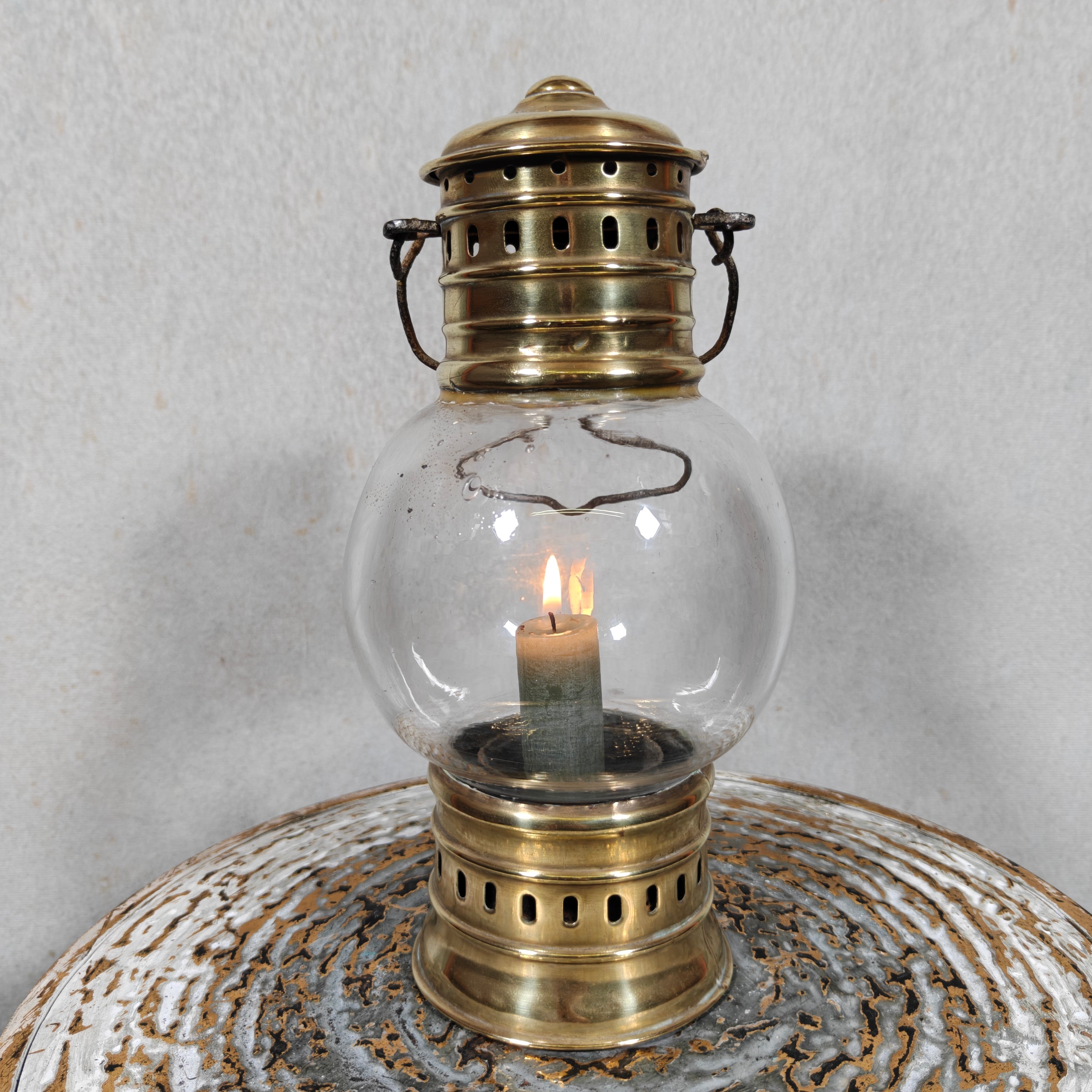 Rare 1920s Brass Ship’s Lantern by Ets. Girardin – Dual Fuel (Oil & Candle) – Marine Marked