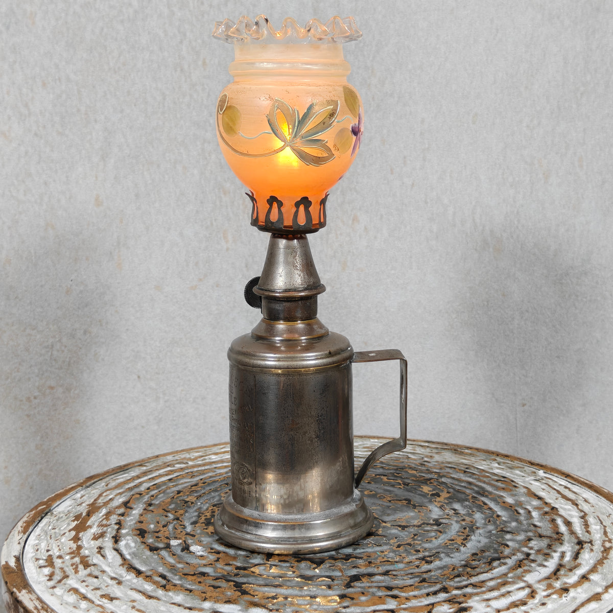 Rare Vintage Pigeon Oil Lamp – Exceptional Example with Unique Painted Glass (c. 1920–1930)