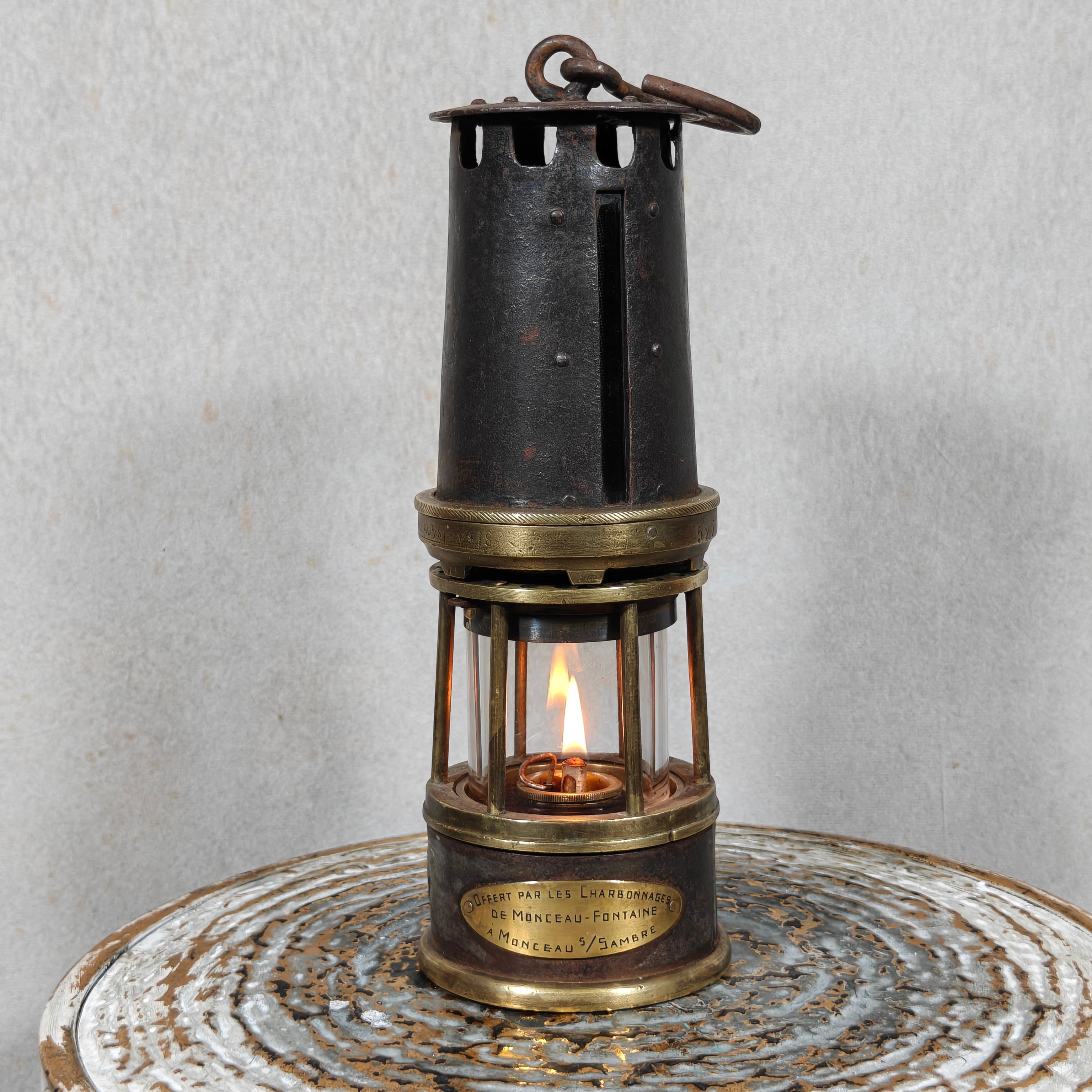 Rare A. Dufrane‑Castiau Mining Lamp – “Lampe de Reconnaissance” with Viewing Window & Jena Glass (c. 1875–1920)
