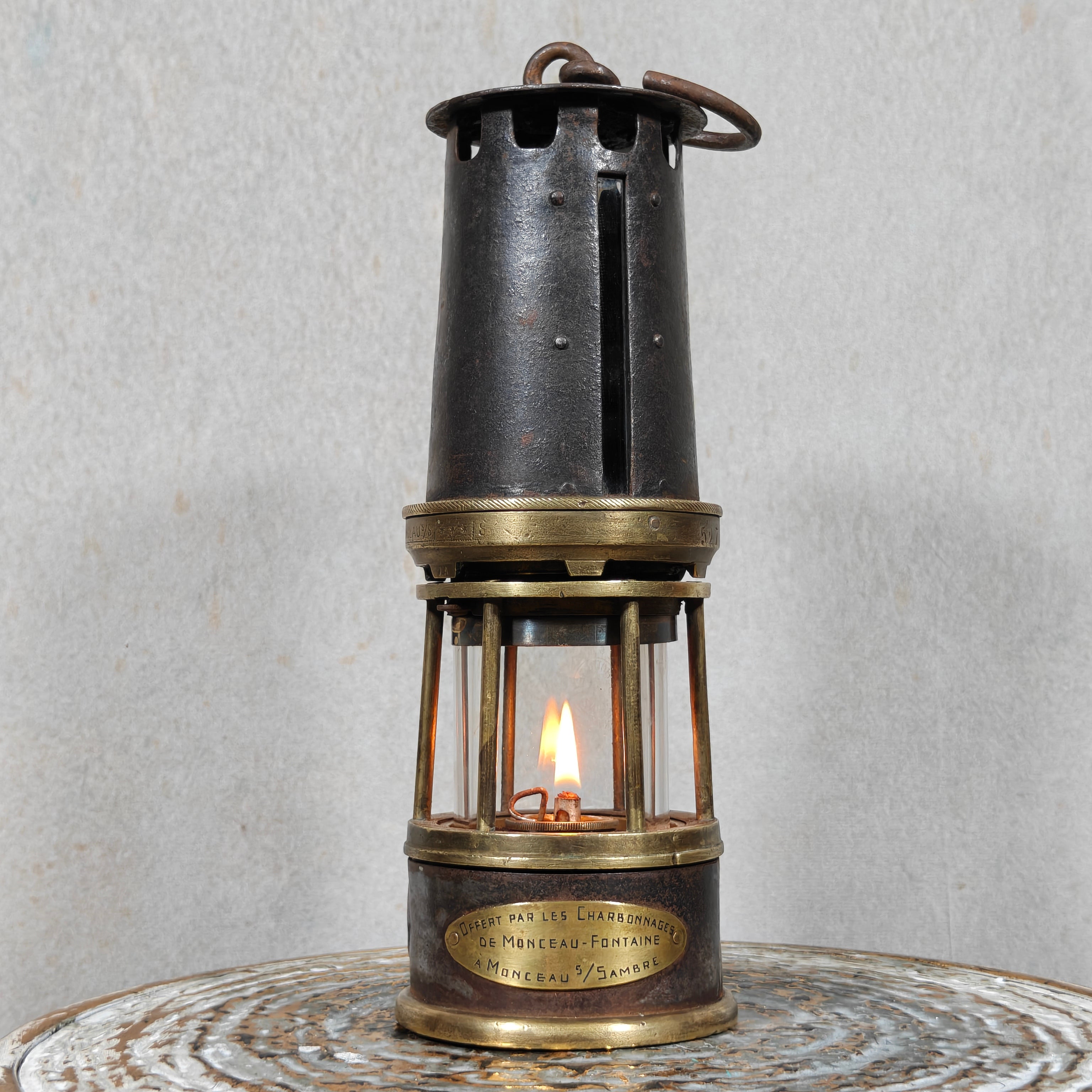 Rare A. Dufrane‑Castiau Mining Lamp – “Lampe de Reconnaissance” with Viewing Window & Jena Glass (c. 1875–1920)