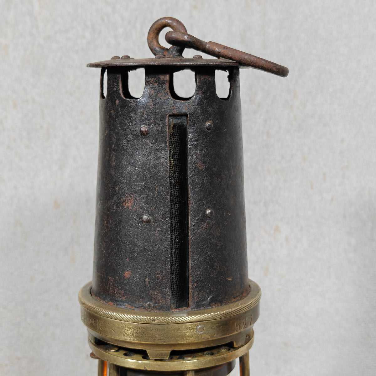Rare A. Dufrane‑Castiau Mining Lamp – “Lampe de Reconnaissance” with Viewing Window & Jena Glass (c. 1875–1920)