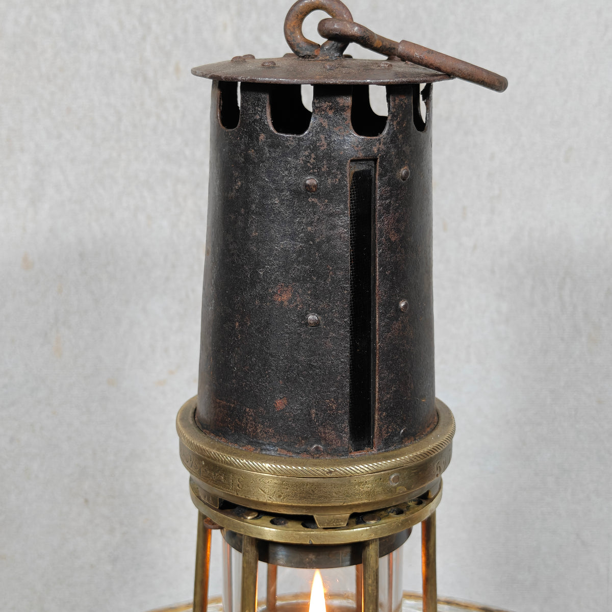 Rare A. Dufrane‑Castiau Mining Lamp – “Lampe de Reconnaissance” with Viewing Window & Jena Glass (c. 1875–1920)