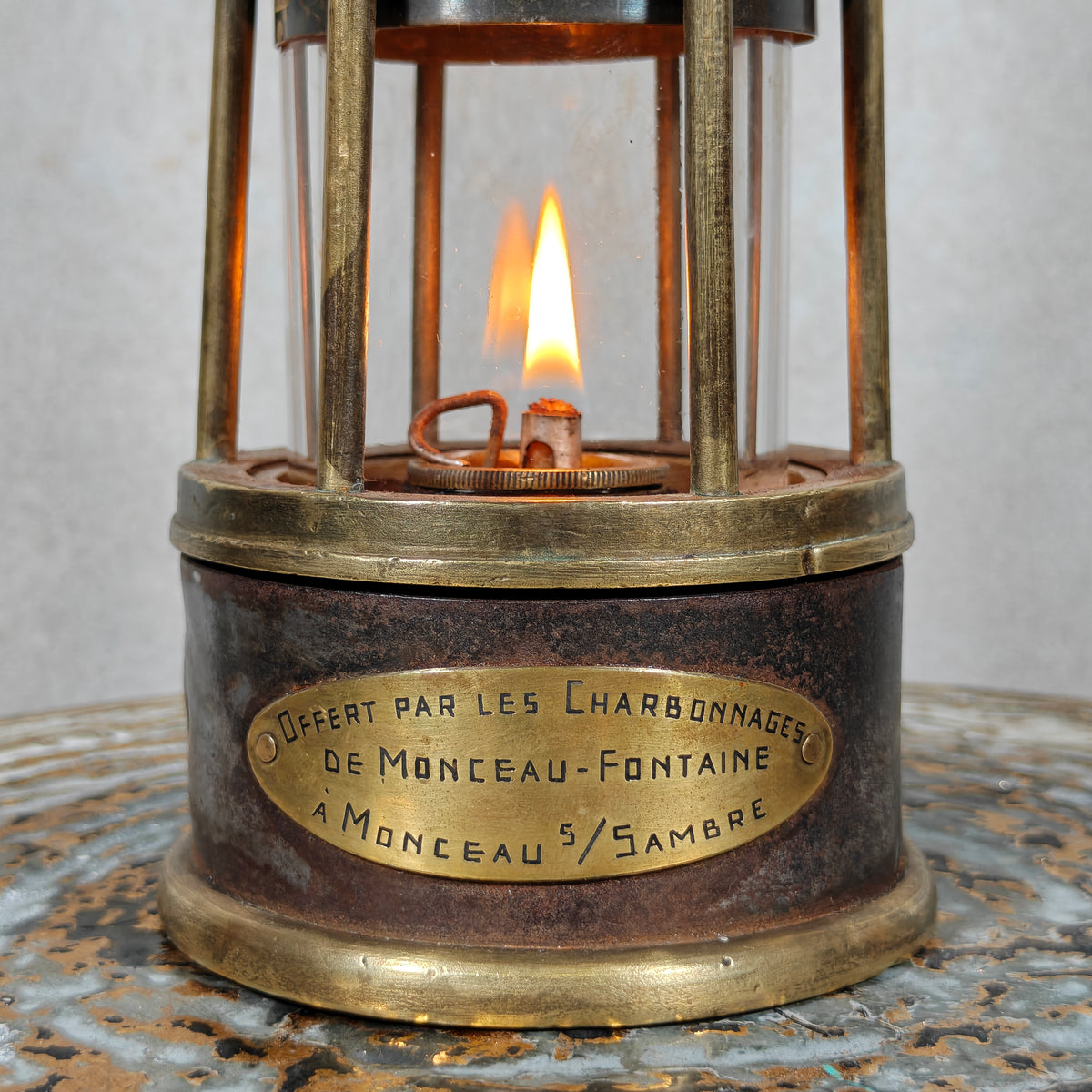 Rare A. Dufrane‑Castiau Mining Lamp – “Lampe de Reconnaissance” with Viewing Window & Jena Glass (c. 1875–1920)