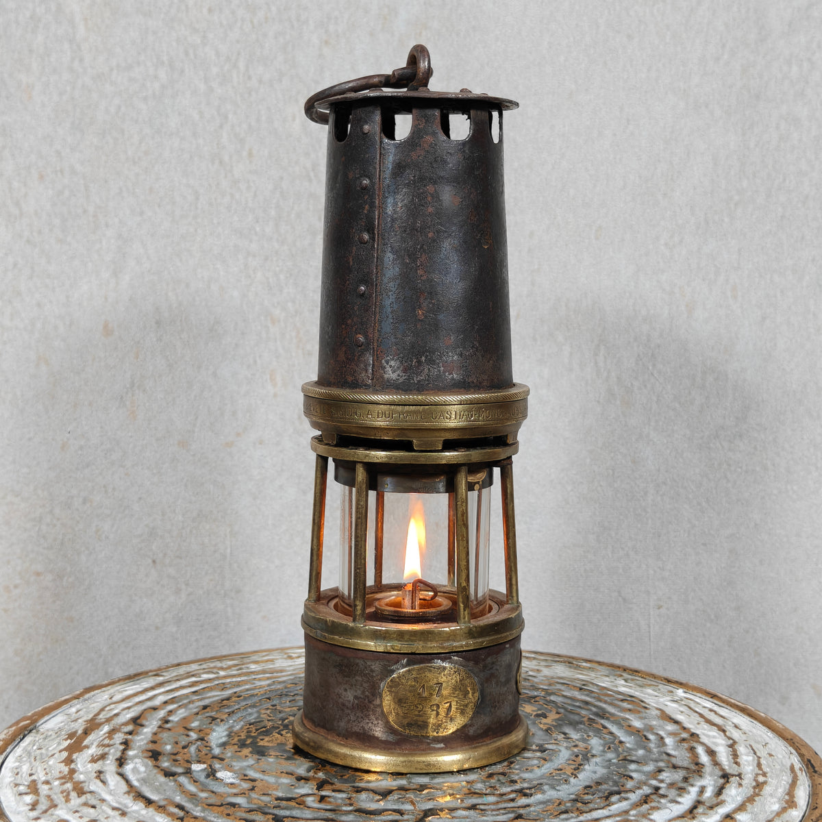 Rare A. Dufrane‑Castiau Mining Lamp – “Lampe de Reconnaissance” with Viewing Window & Jena Glass (c. 1875–1920)