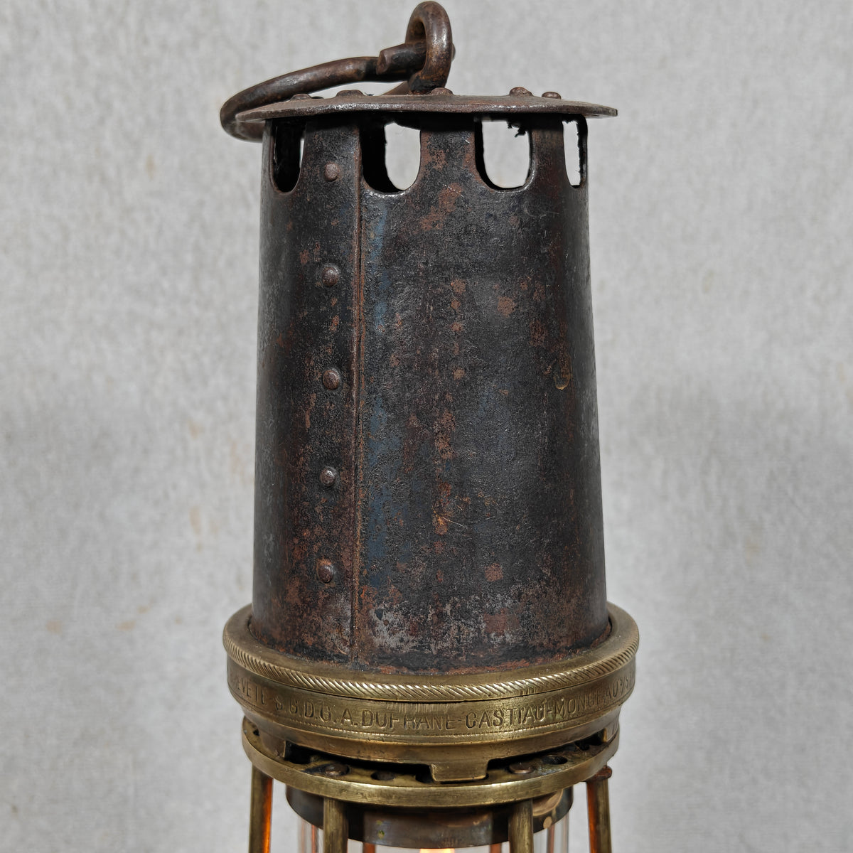 Rare A. Dufrane‑Castiau Mining Lamp – “Lampe de Reconnaissance” with Viewing Window & Jena Glass (c. 1875–1920)