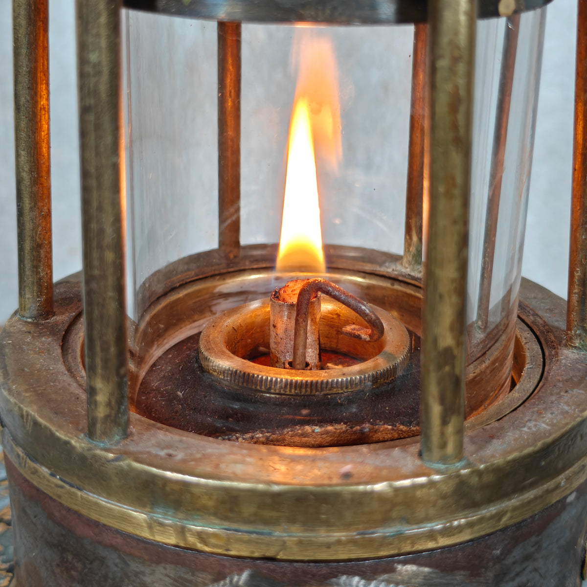 Rare A. Dufrane‑Castiau Mining Lamp – “Lampe de Reconnaissance” with Viewing Window & Jena Glass (c. 1875–1920)