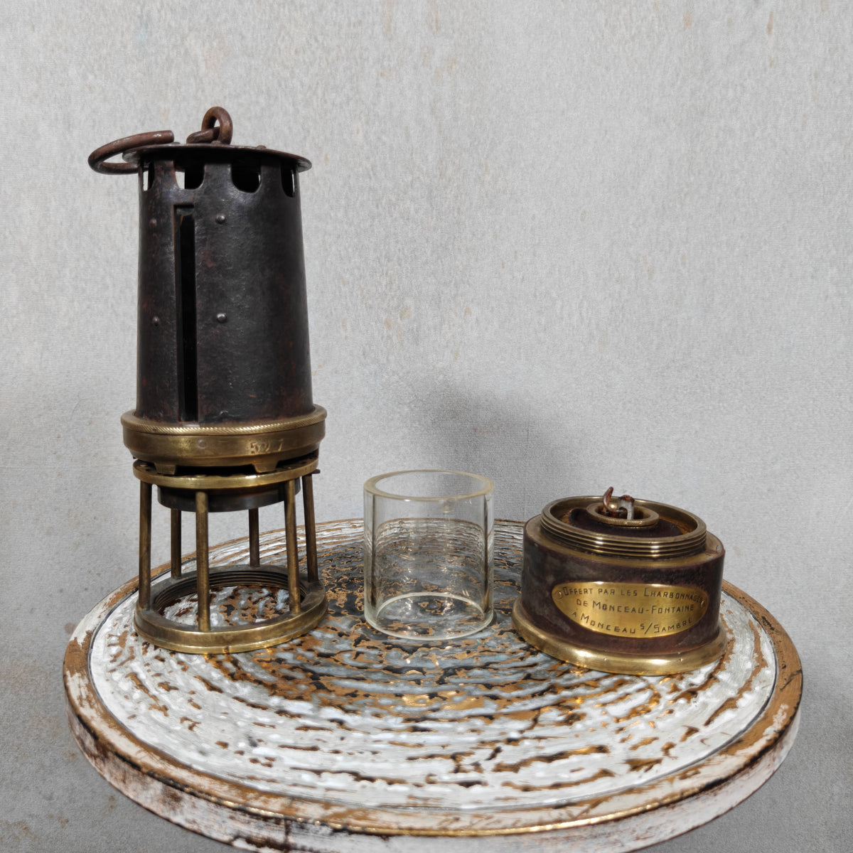 Rare A. Dufrane‑Castiau Mining Lamp – “Lampe de Reconnaissance” with Viewing Window & Jena Glass (c. 1875–1920)