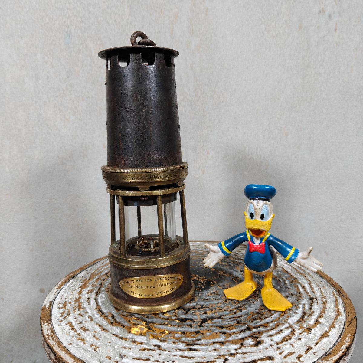 Rare A. Dufrane‑Castiau Mining Lamp – “Lampe de Reconnaissance” with Viewing Window & Jena Glass (c. 1875–1920)