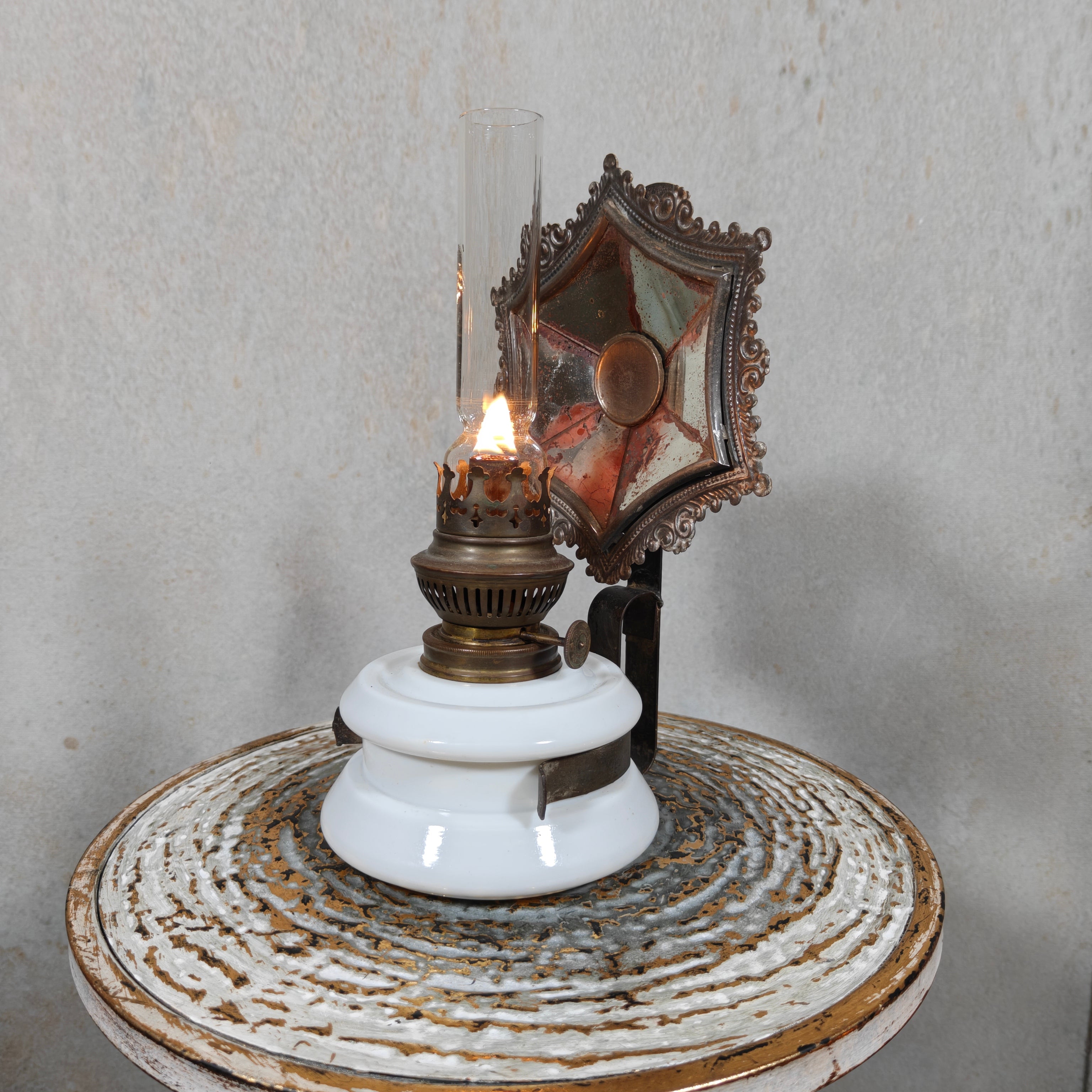 Rare Antique Oil Lamp with Mirror Reflector by Hugo Schneider