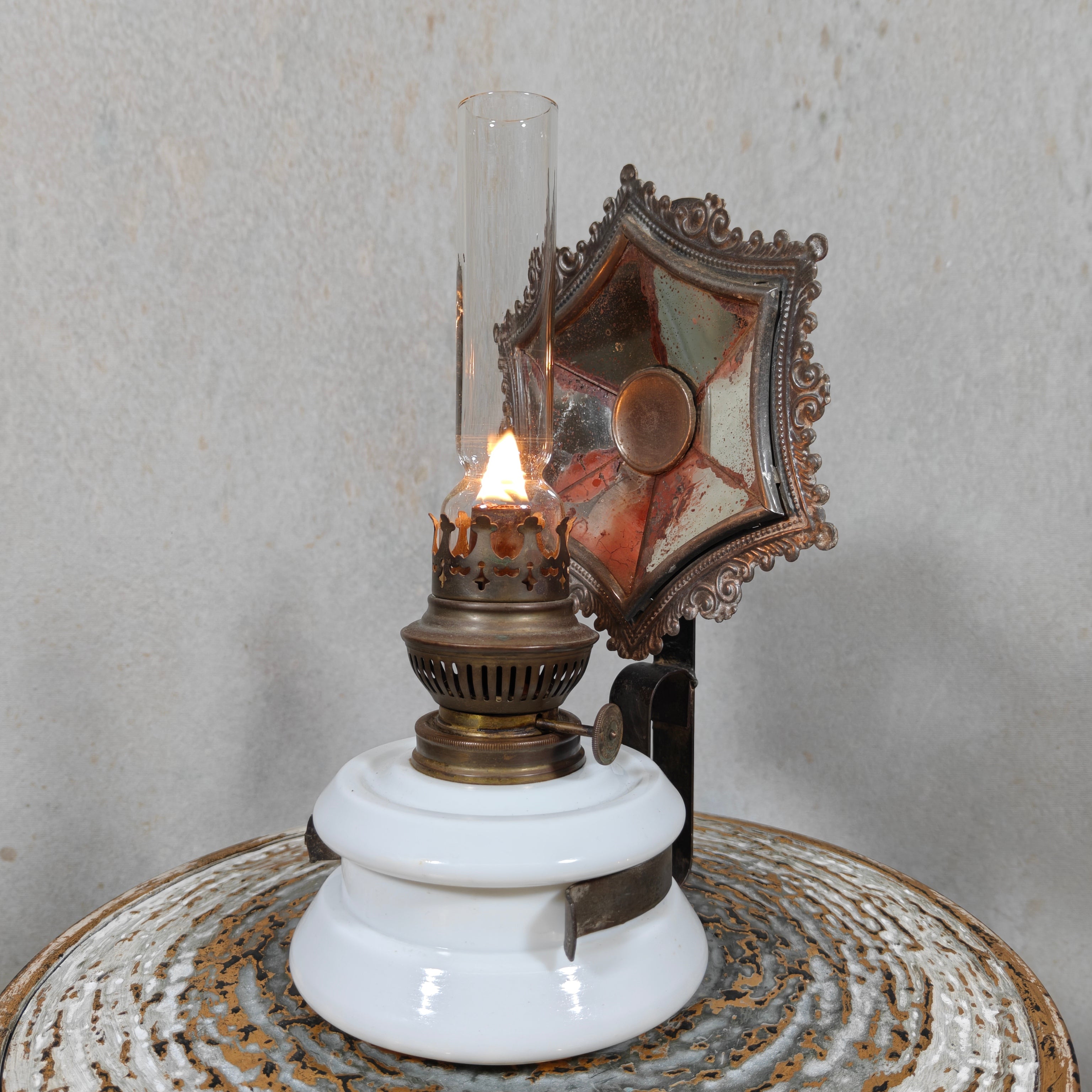 Rare Antique Oil Lamp with Mirror Reflector by Hugo Schneider