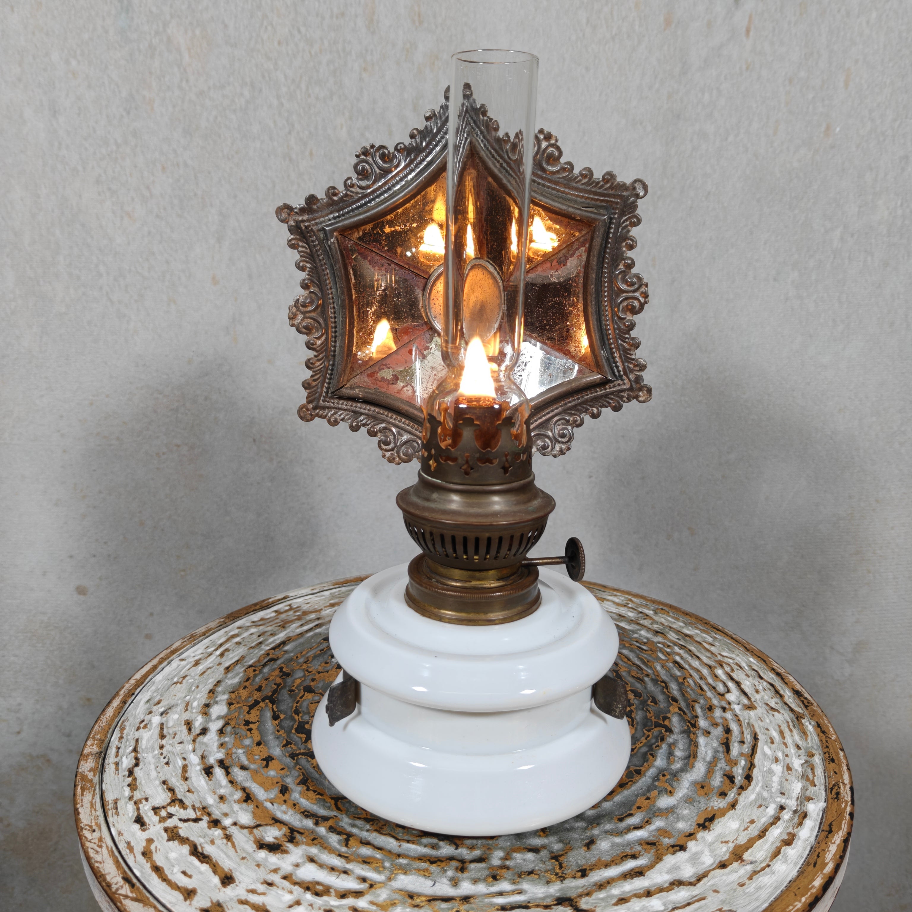 Rare Antique Oil Lamp with Mirror Reflector by Hugo Schneider