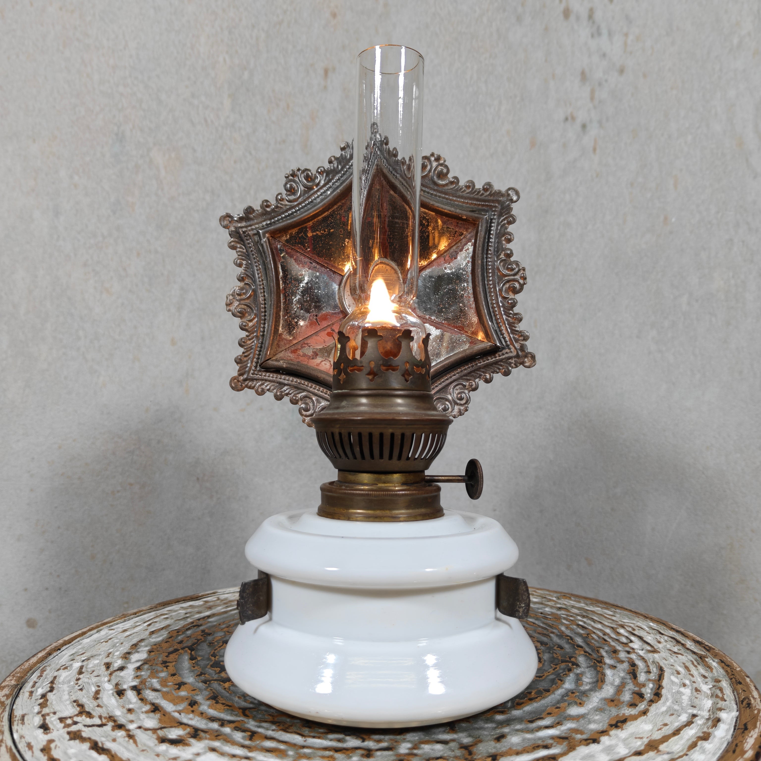Rare Antique Oil Lamp with Mirror Reflector by Hugo Schneider