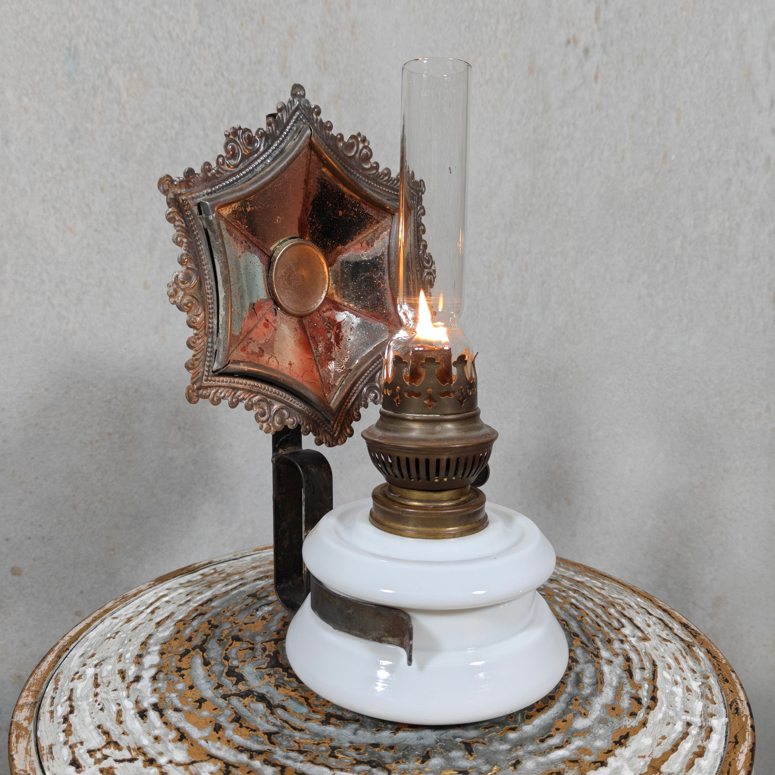 Rare Antique Oil Lamp with Mirror Reflector by Hugo Schneider