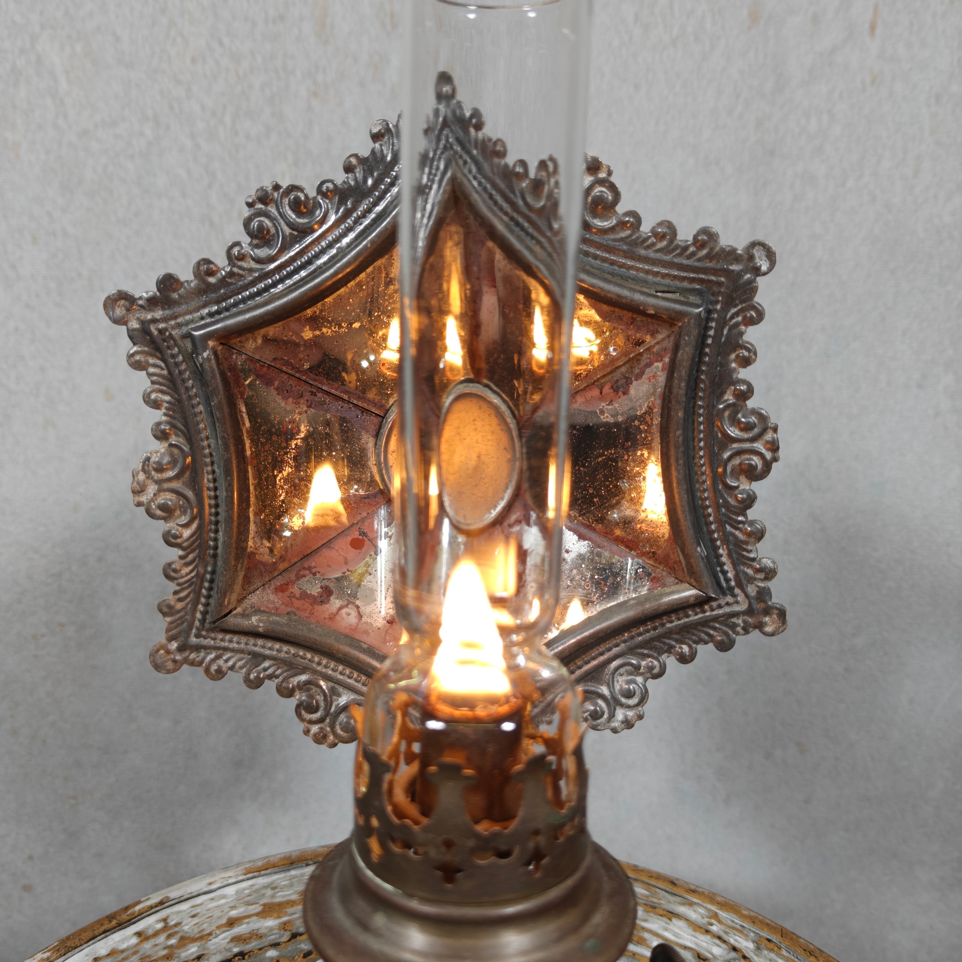 Rare Antique Oil Lamp with Mirror Reflector by Hugo Schneider