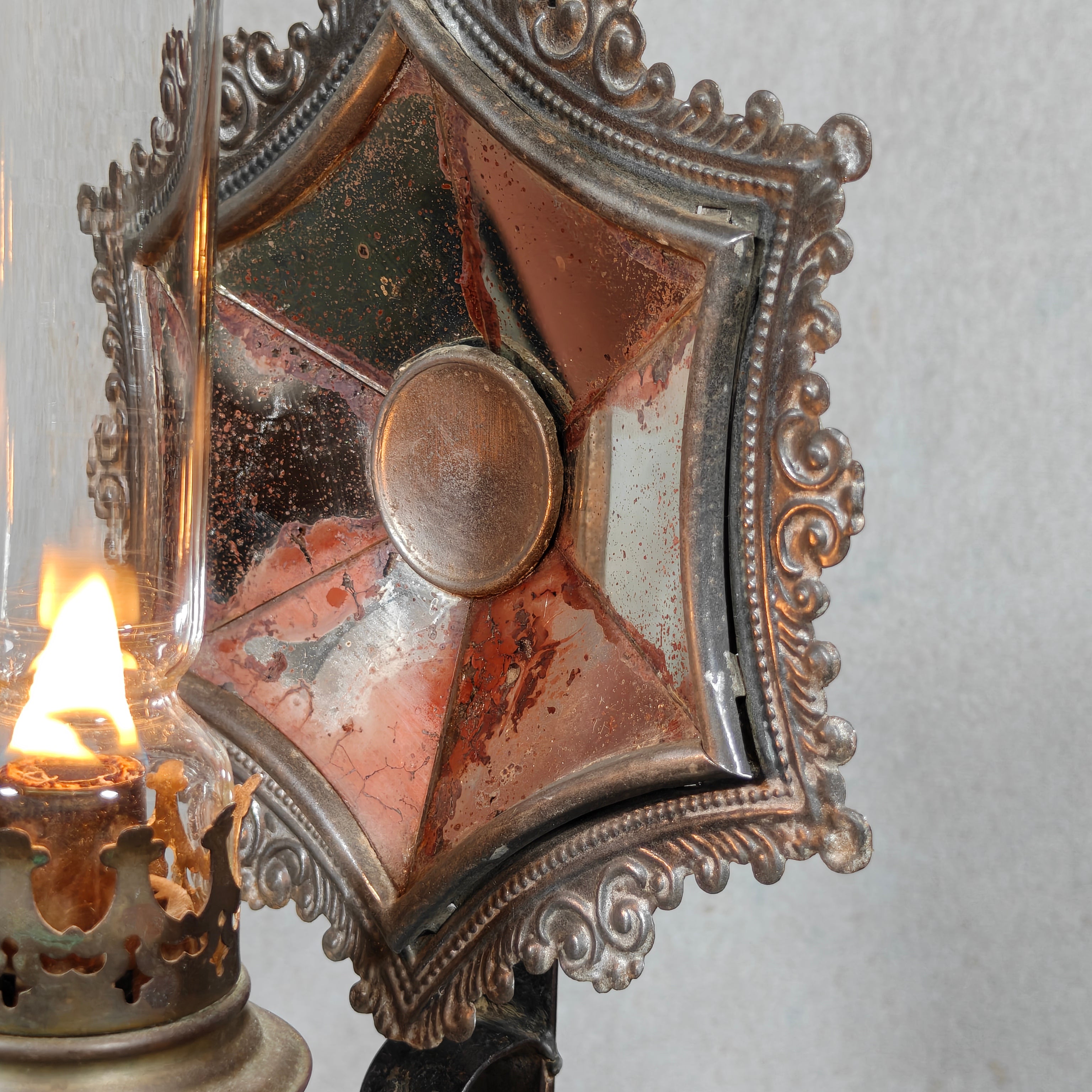 Rare Antique Oil Lamp with Mirror Reflector by Hugo Schneider