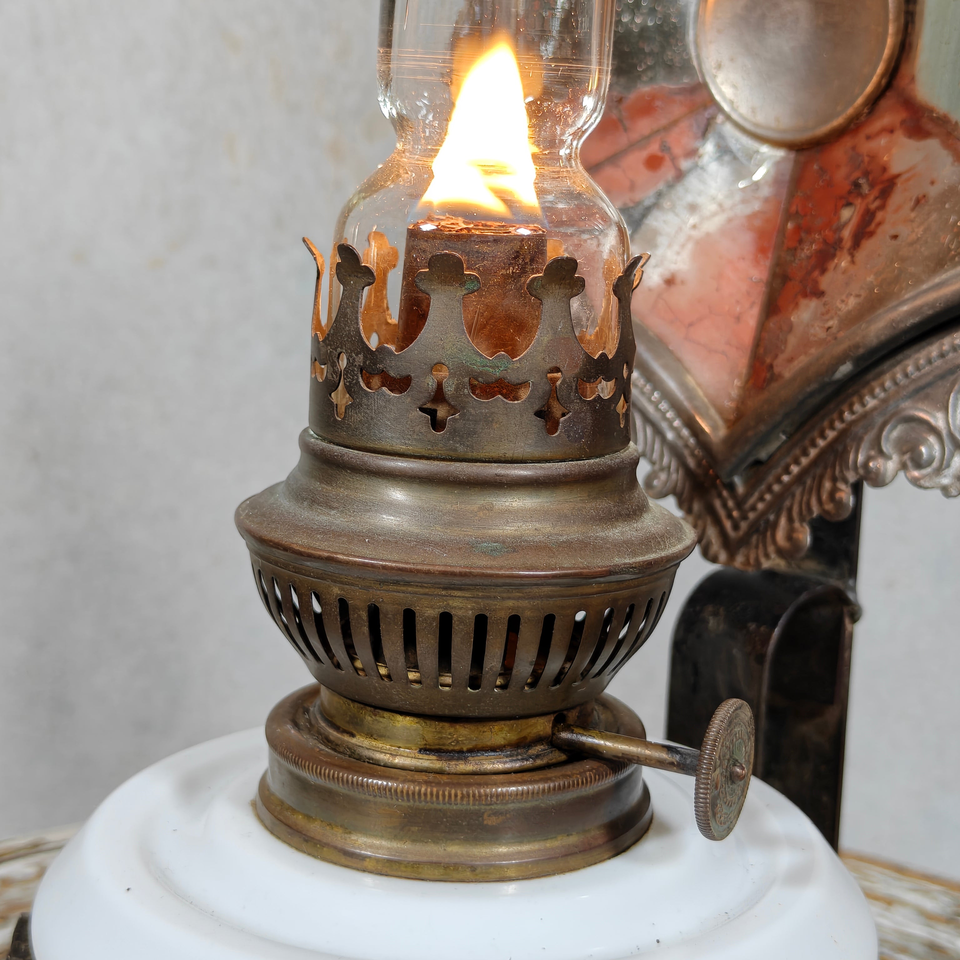 Rare Antique Oil Lamp with Mirror Reflector by Hugo Schneider