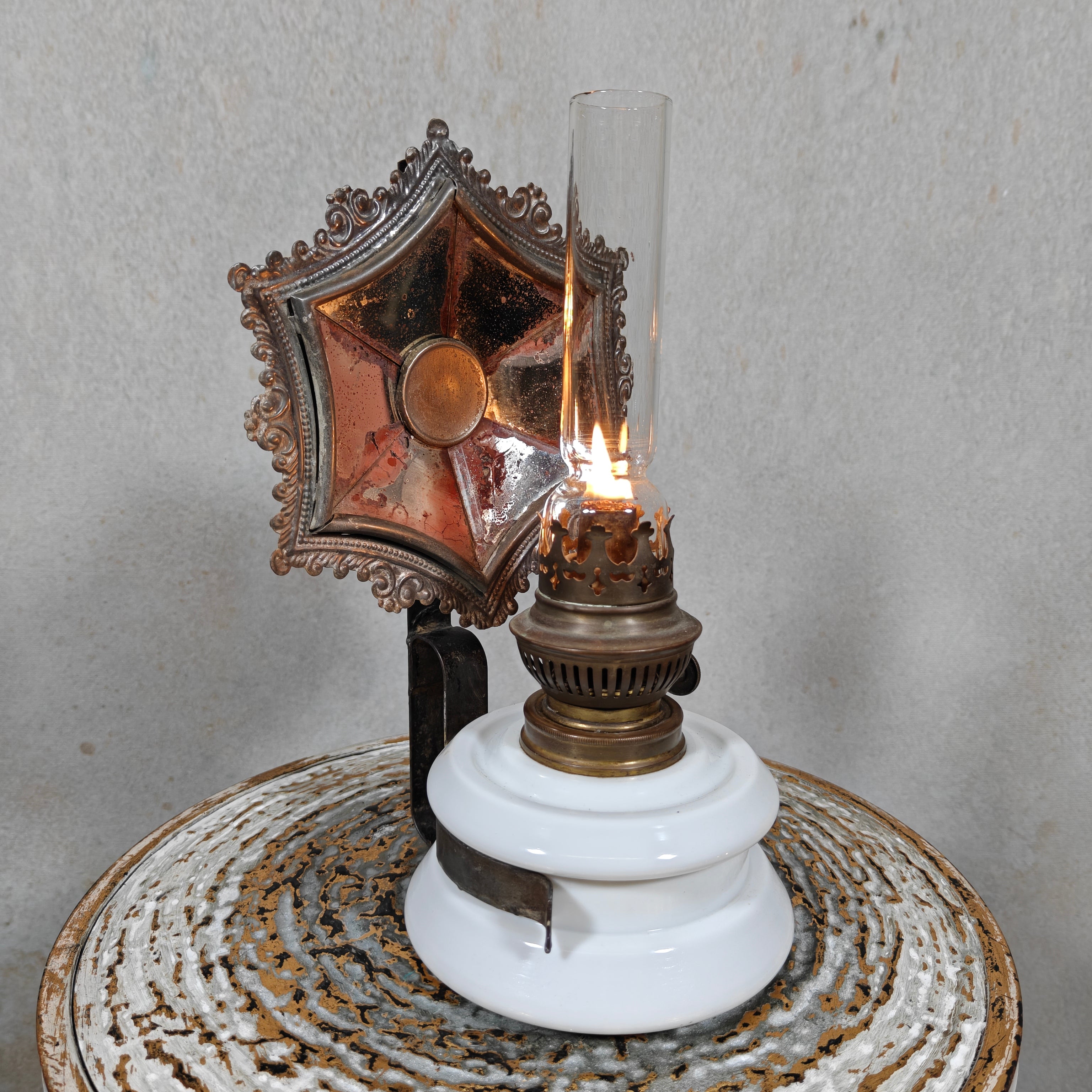 Rare Antique Oil Lamp with Mirror Reflector by Hugo Schneider