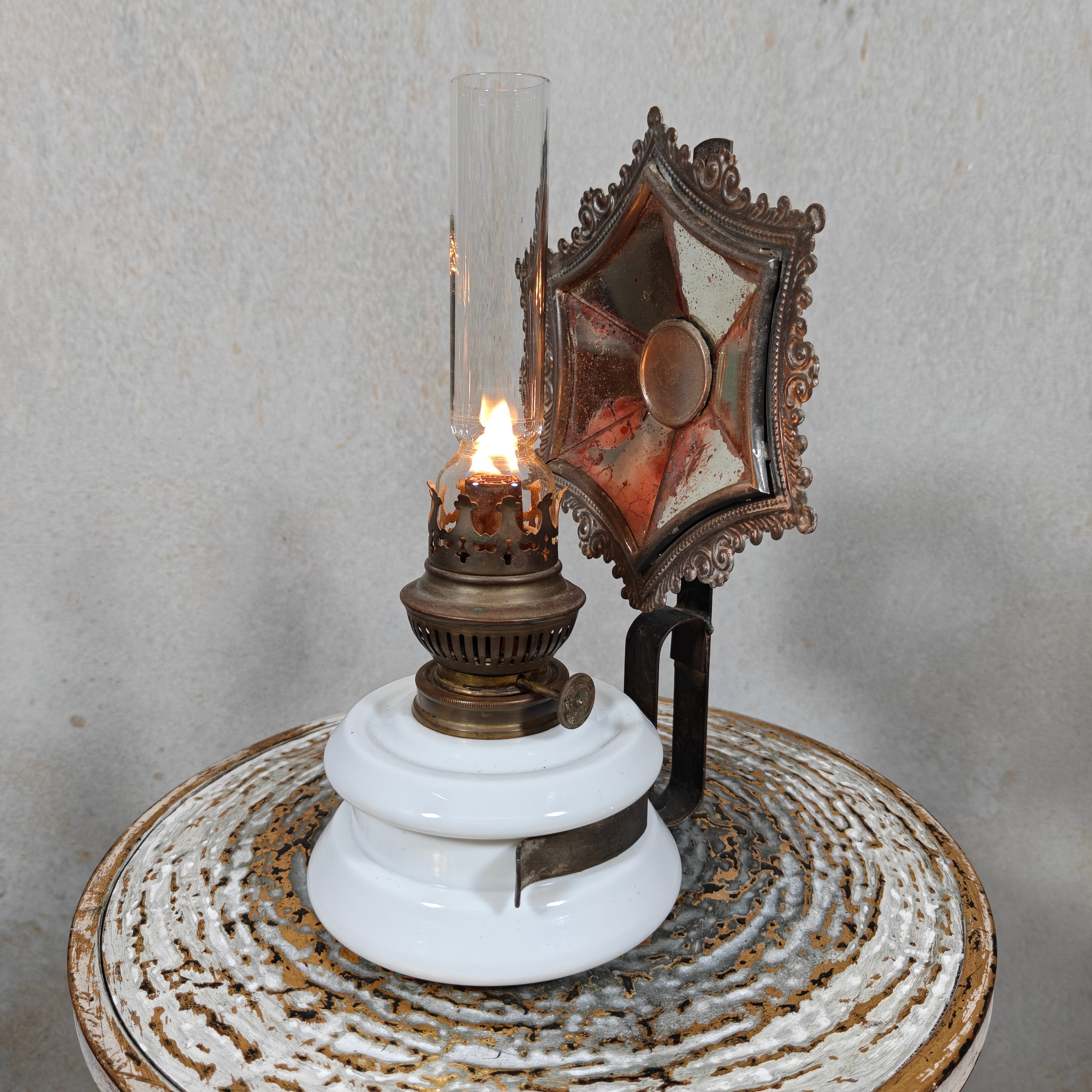 Rare Antique Oil Lamp with Mirror Reflector by Hugo Schneider