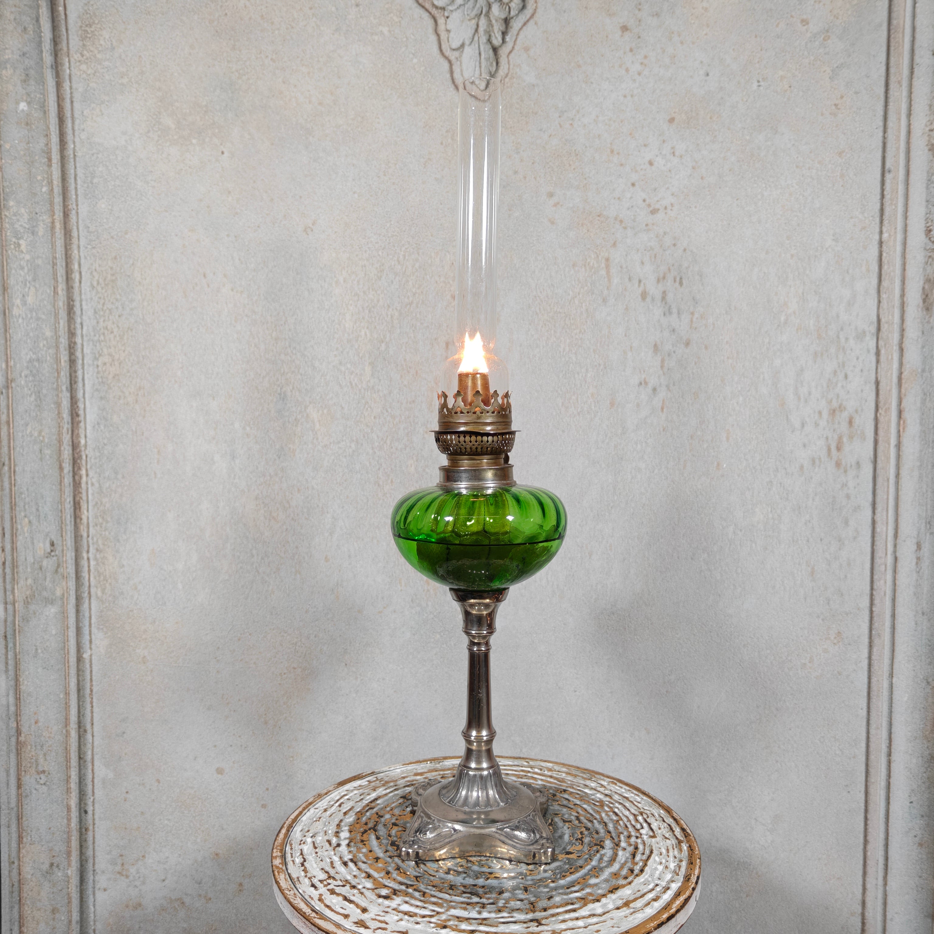 Large Vintage Oil Lamp with Green Reservoir and BJB Wick Holder