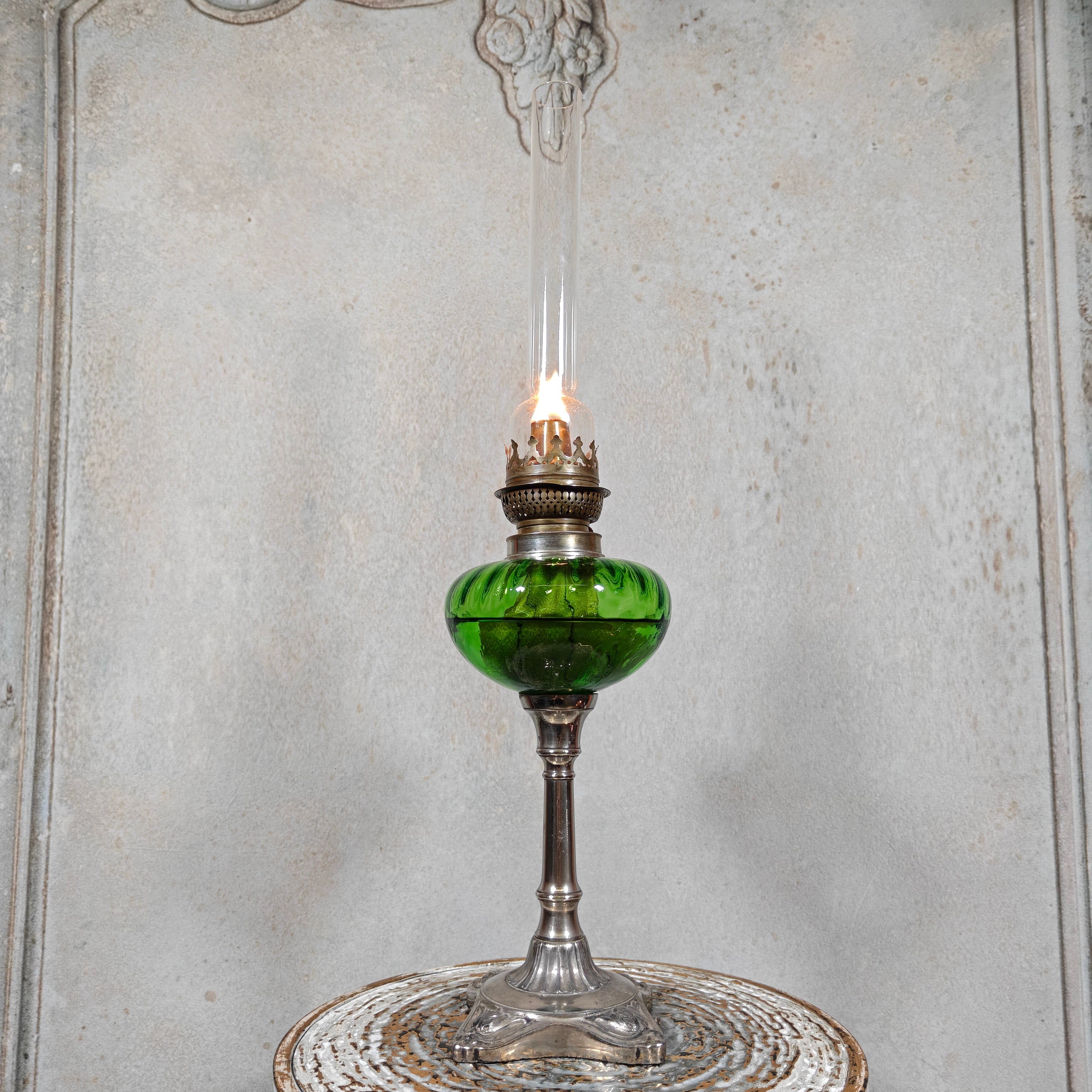 Large Vintage Oil Lamp with Green Reservoir and BJB Wick Holder