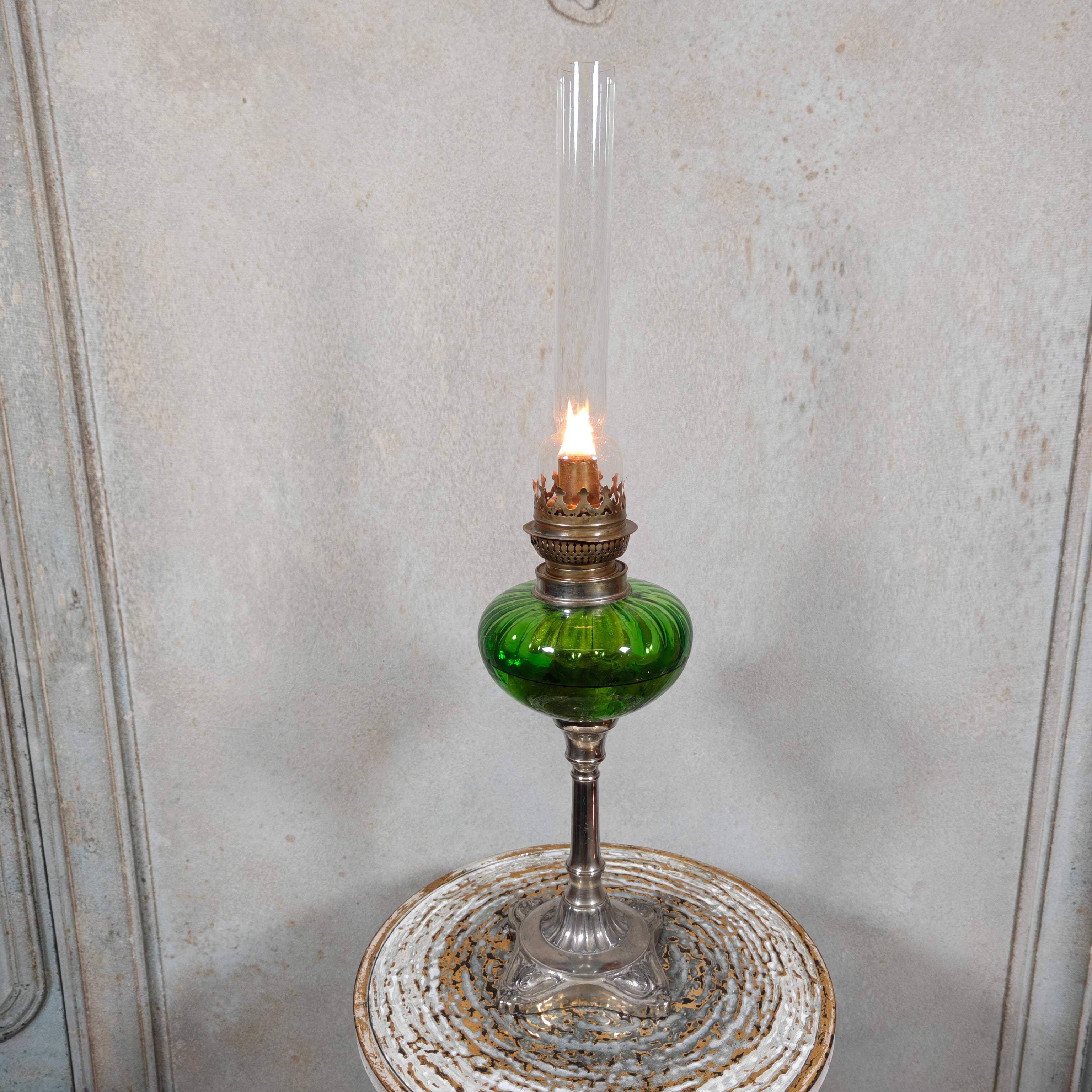 Large Vintage Oil Lamp with Green Reservoir and BJB Wick Holder