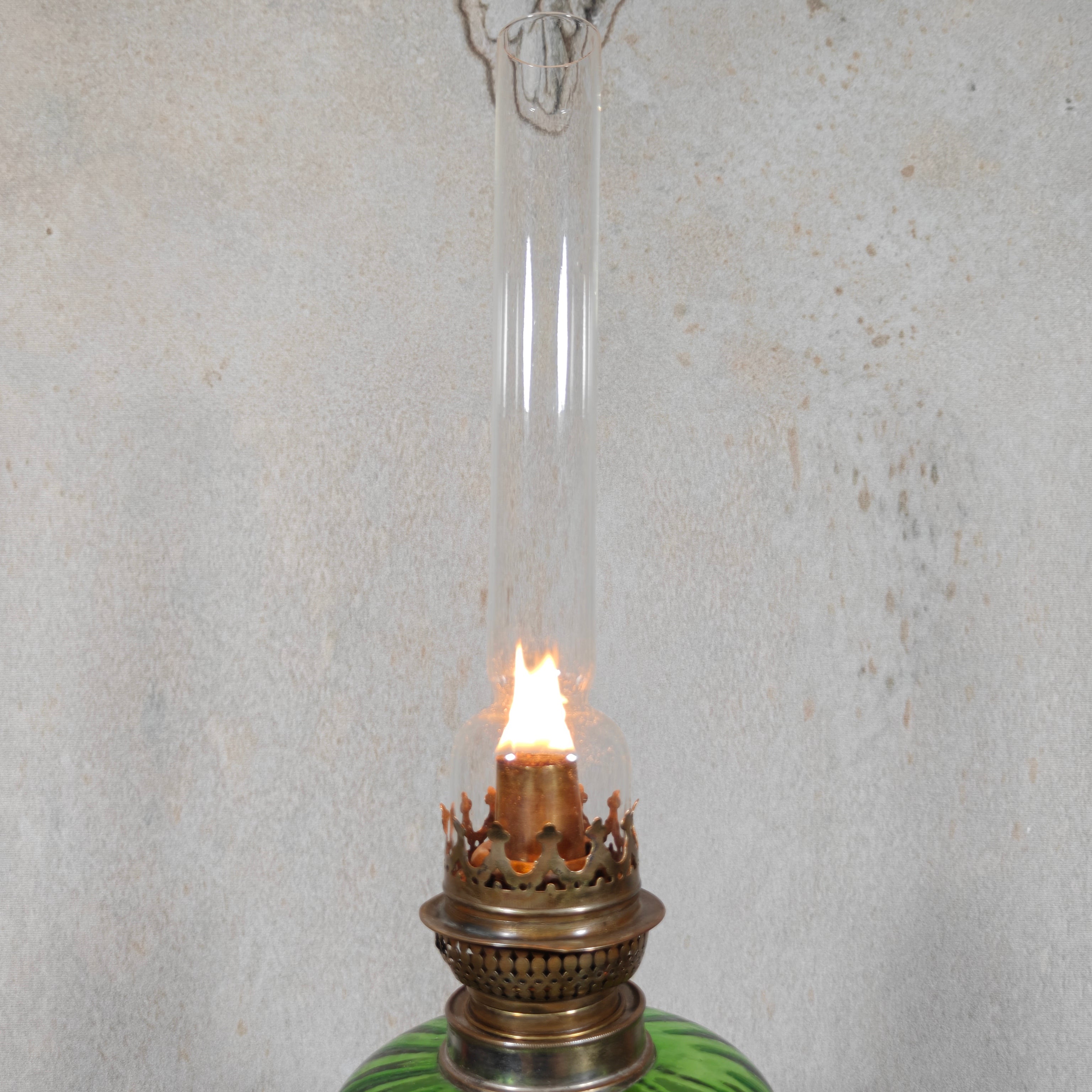Large Vintage Oil Lamp with Green Reservoir and BJB Wick Holder
