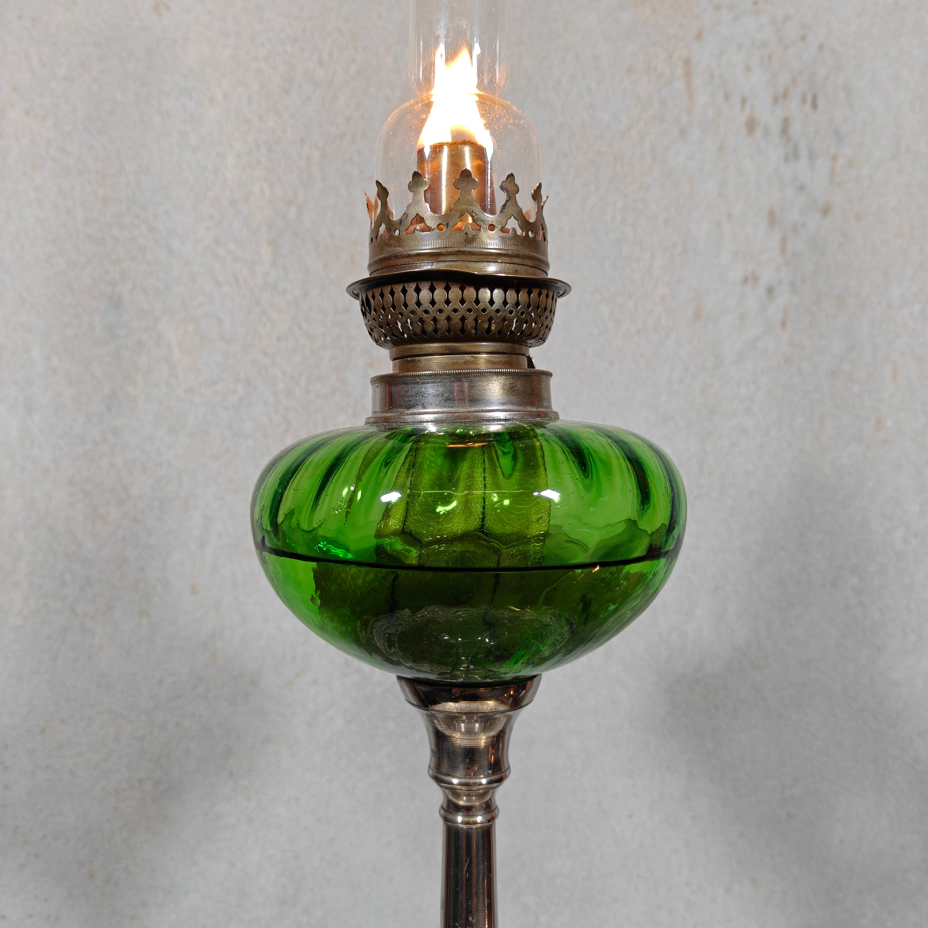 Large Vintage Oil Lamp with Green Reservoir and BJB Wick Holder