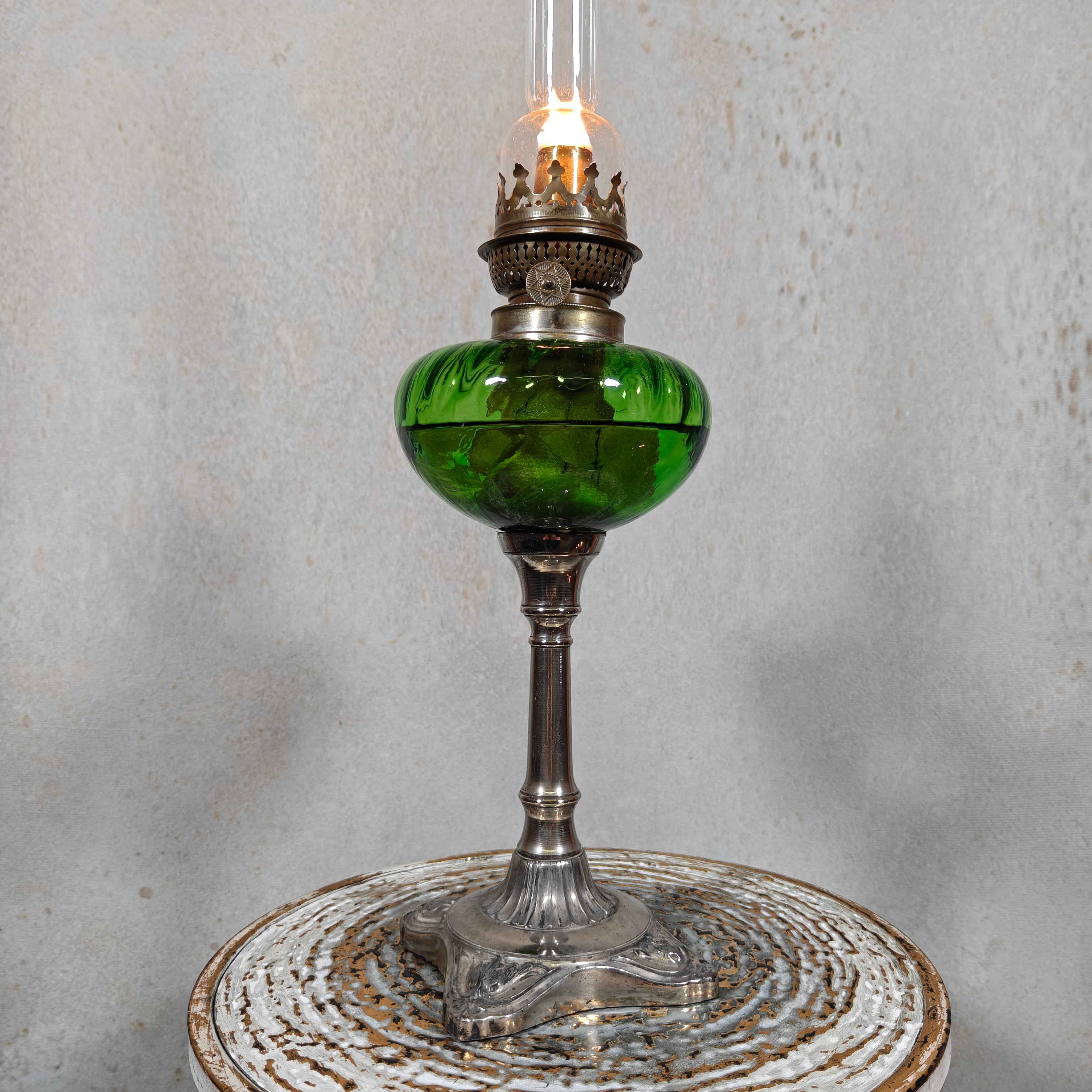 Large Vintage Oil Lamp with Green Reservoir and BJB Wick Holder