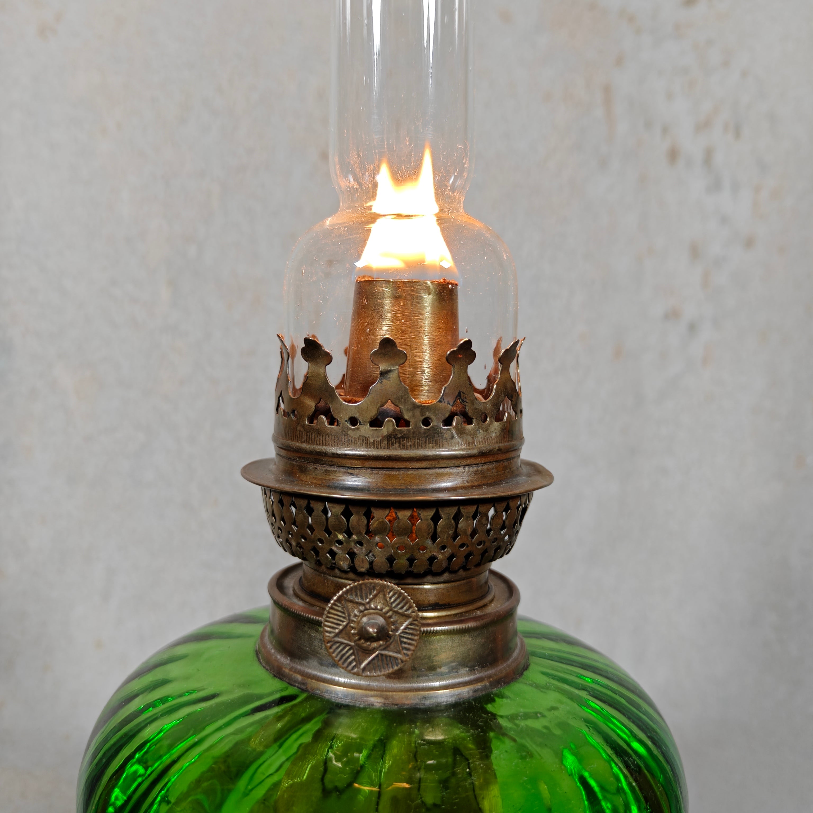 Large Vintage Oil Lamp with Green Reservoir and BJB Wick Holder
