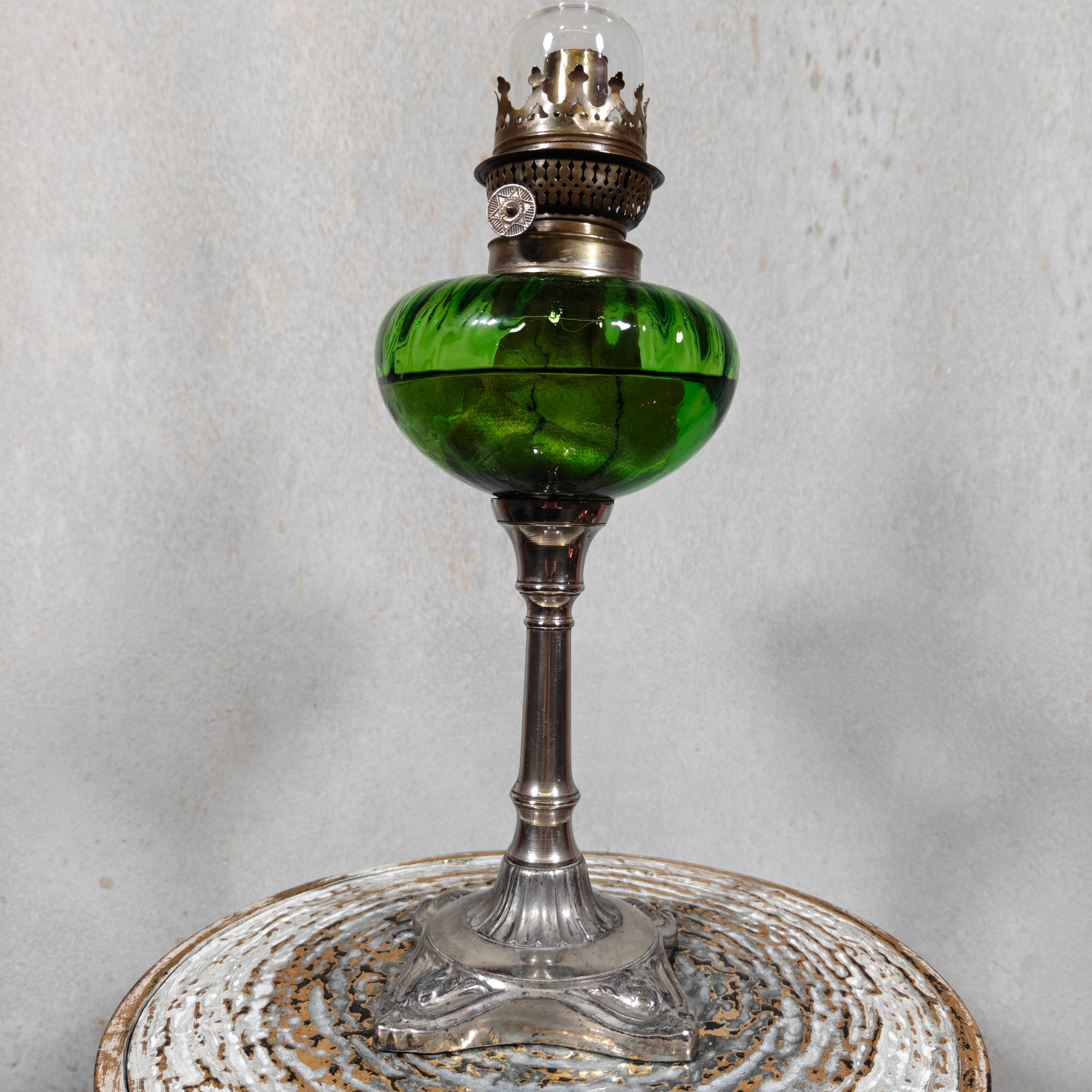 Large Vintage Oil Lamp with Green Reservoir and BJB Wick Holder