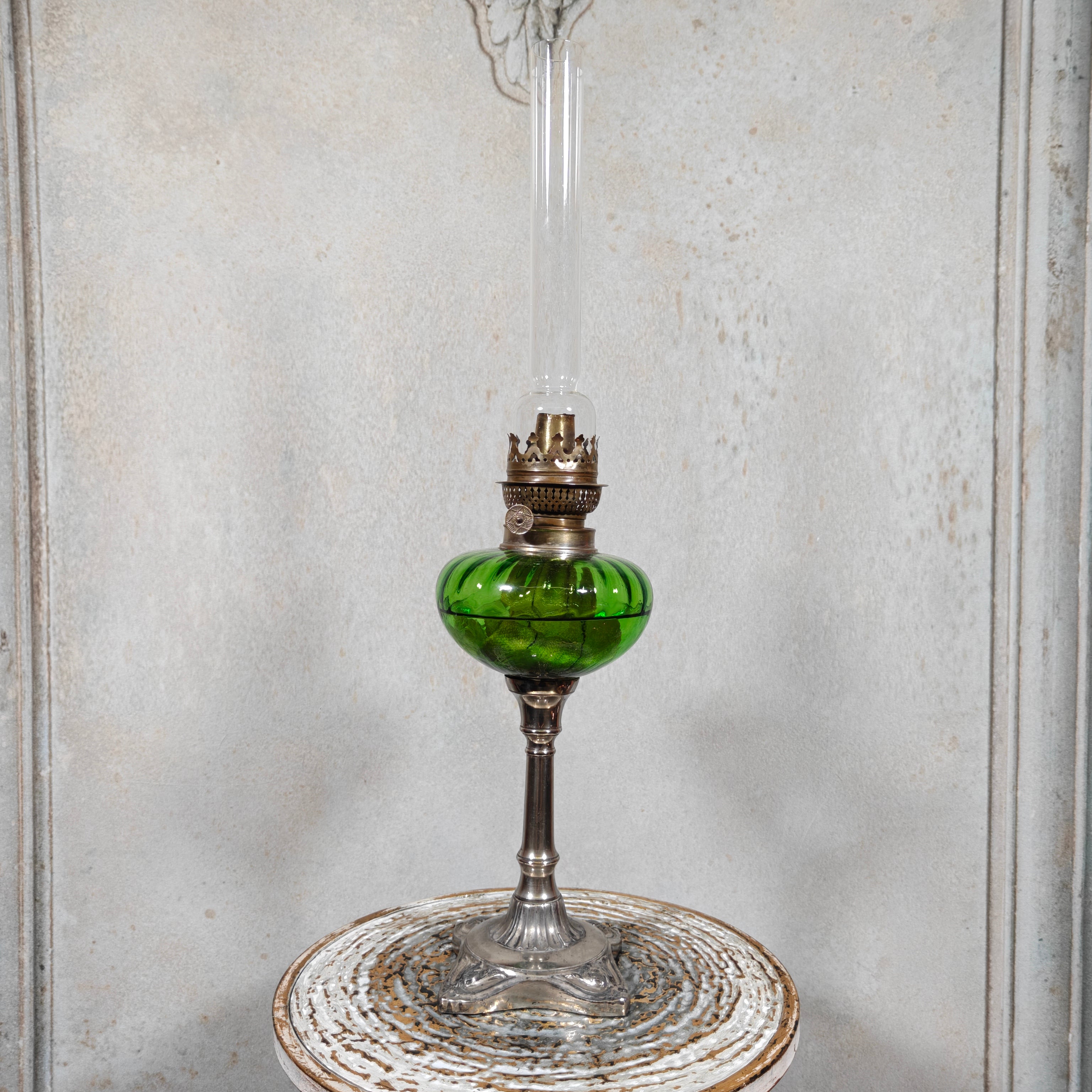 Large Vintage Oil Lamp with Green Reservoir and BJB Wick Holder