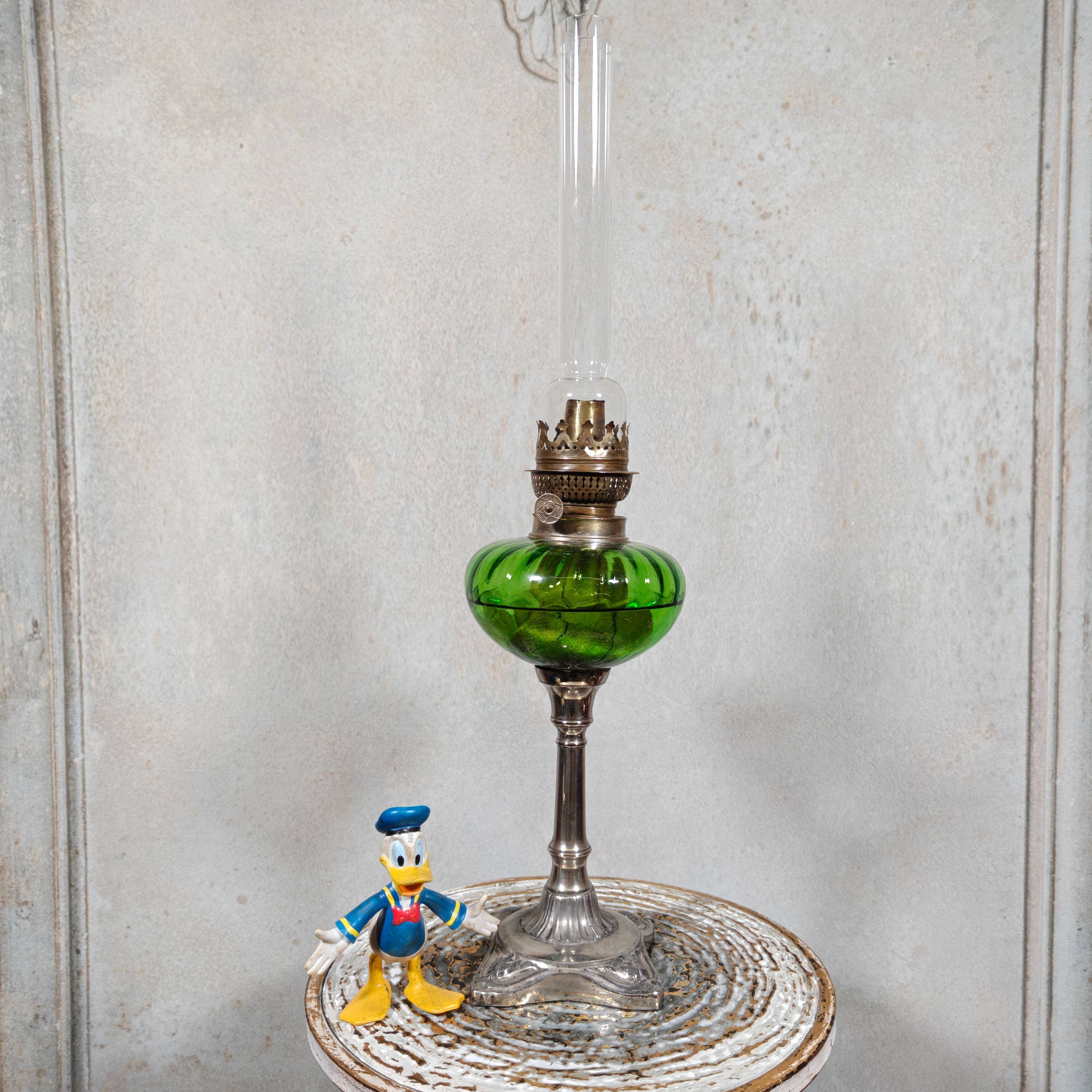Large Vintage Oil Lamp with Green Reservoir and BJB Wick Holder
