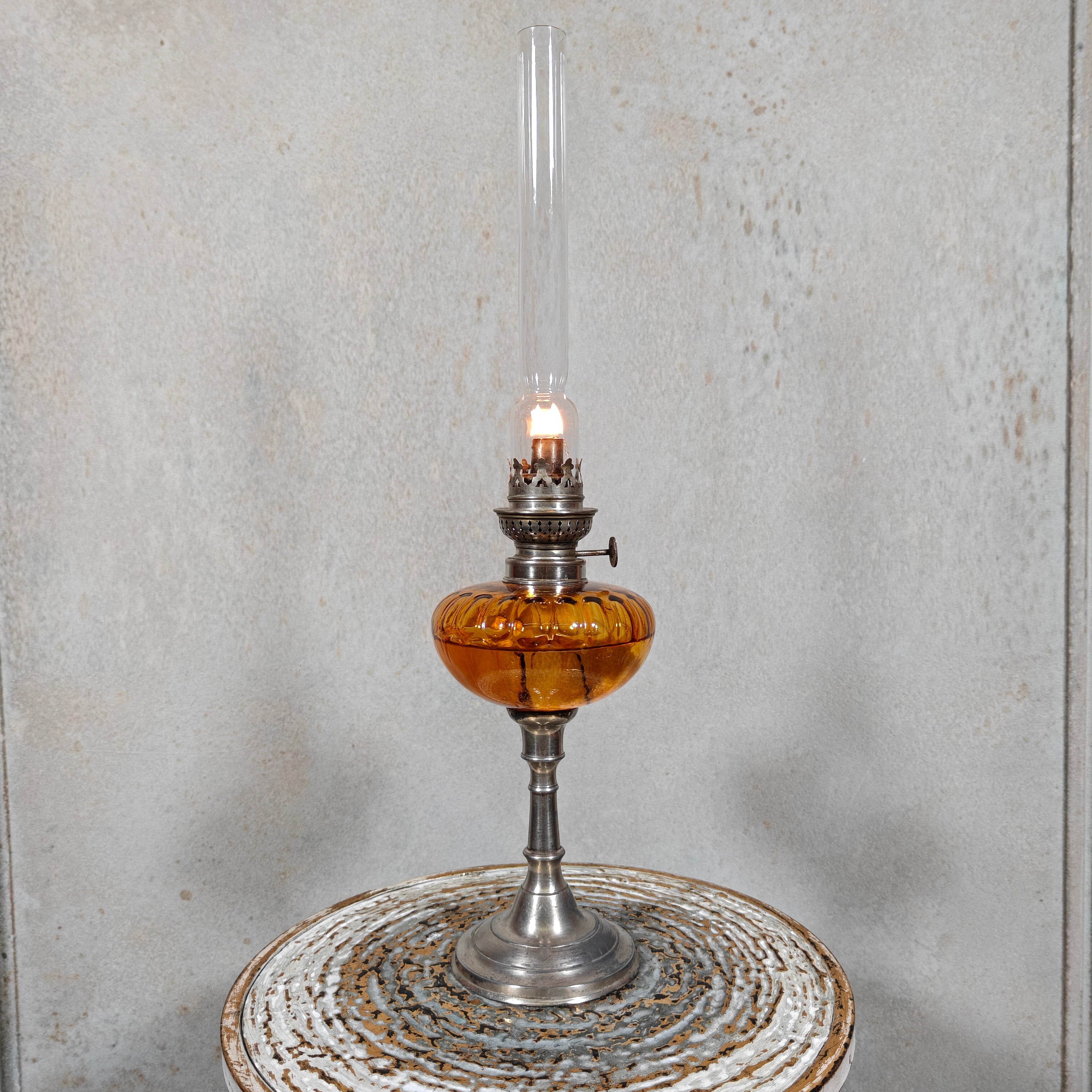Elegant Vintage Oil Lamp with Chrome Base and Decorative Glass