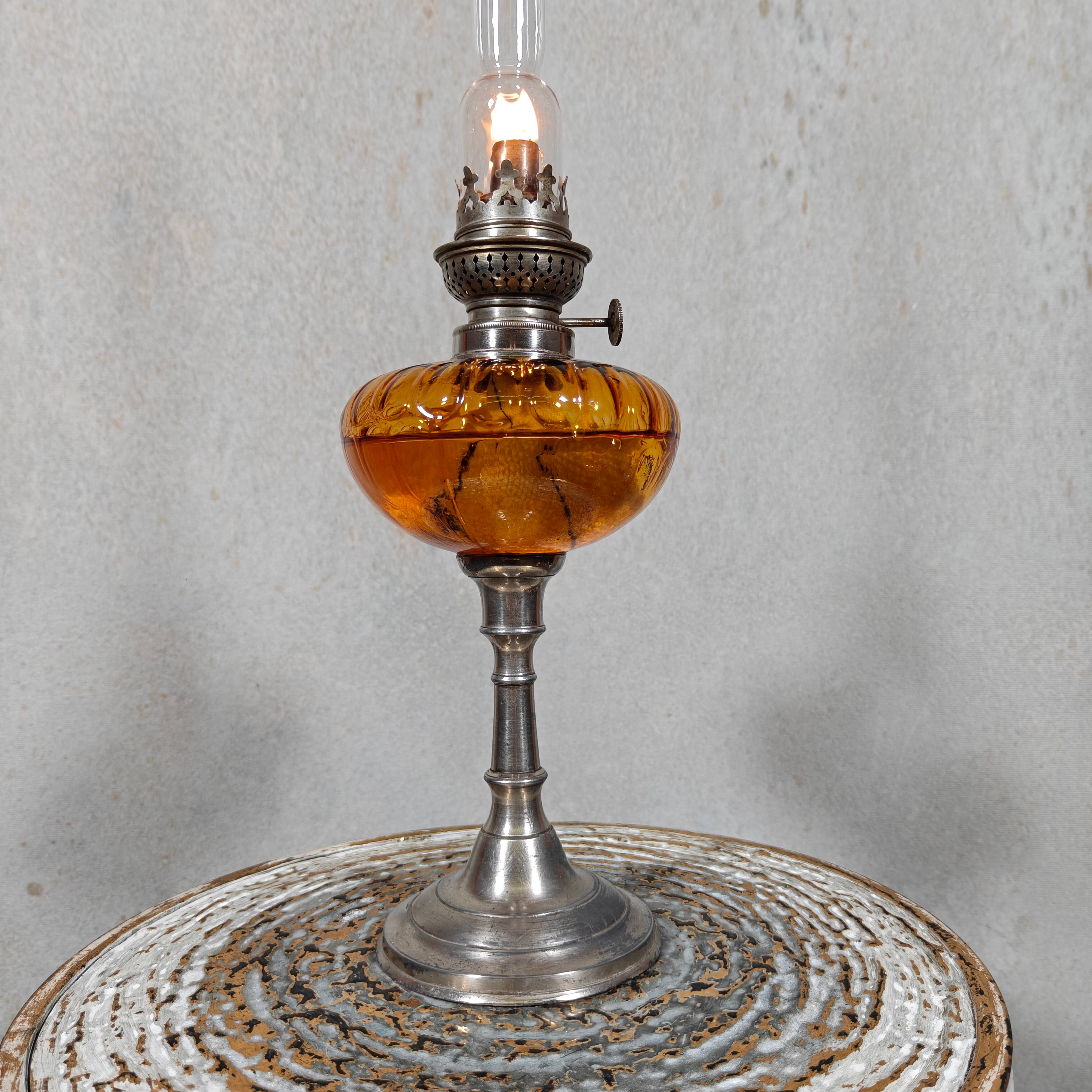 Elegant Vintage Oil Lamp with Chrome Base and Decorative Glass