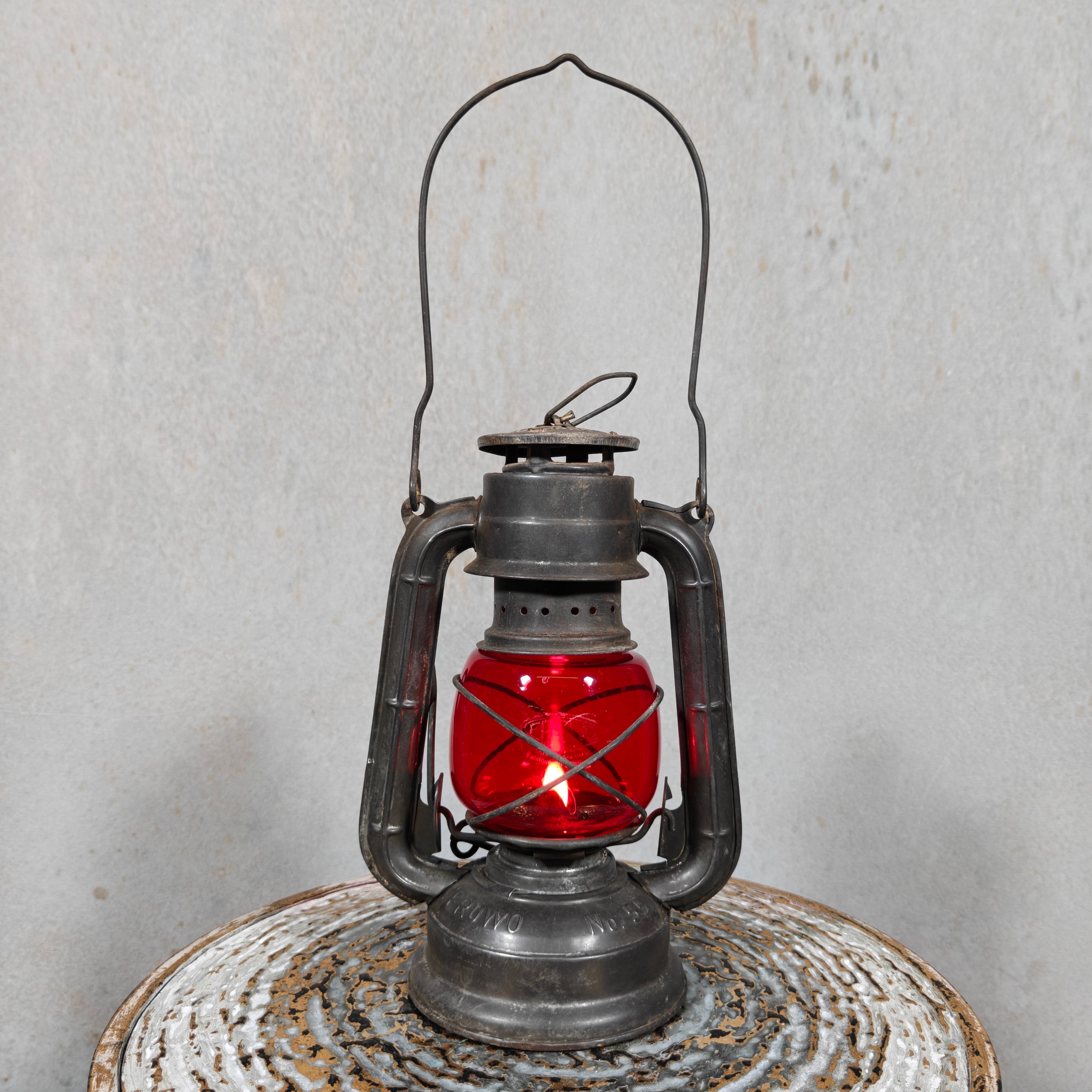 Frowo No. 55 Hurricane Lantern with Rare Marked Red Glass and Mewa Cap