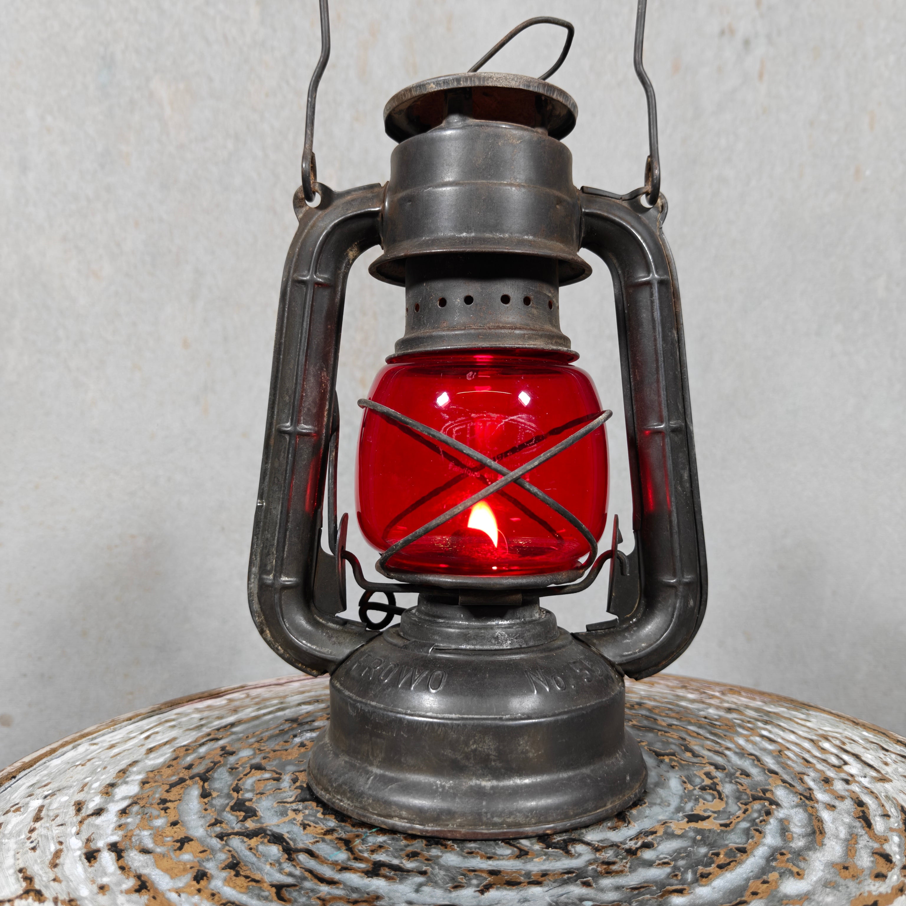 Frowo No. 55 Hurricane Lantern with Rare Marked Red Glass and Mewa Cap