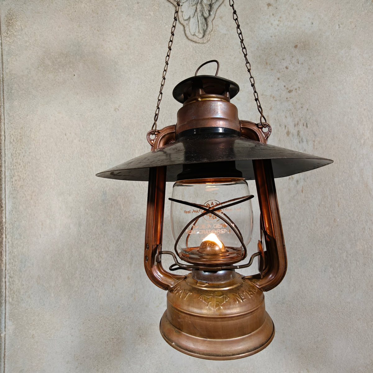 Rare Mewa Bat 158 Copper Hurricane Lantern with Reflector and Chain