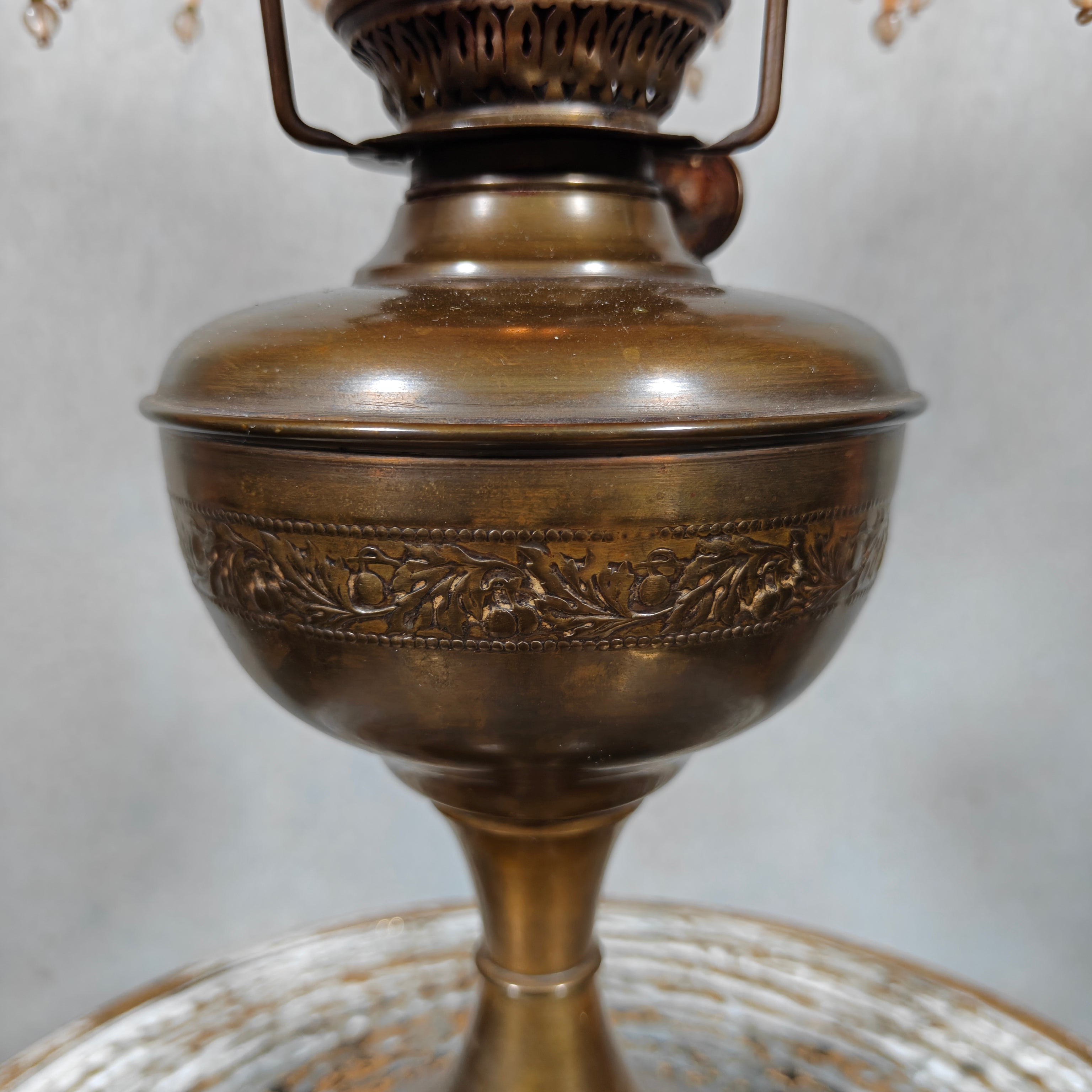 Ornate Brass Oil Lamp with Colored Glass Inserts and Beaded Details