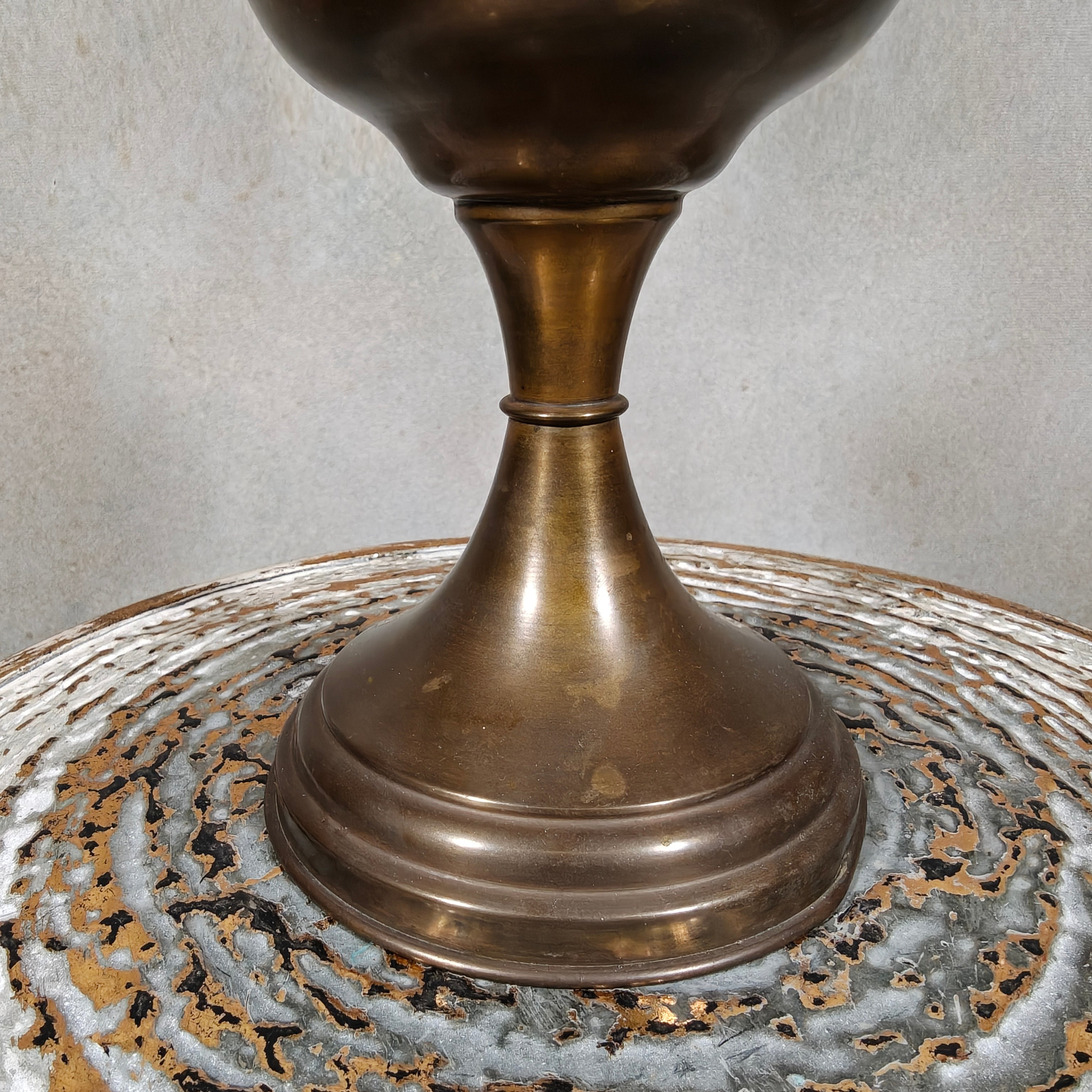 Ornate Brass Oil Lamp with Colored Glass Inserts and Beaded Details