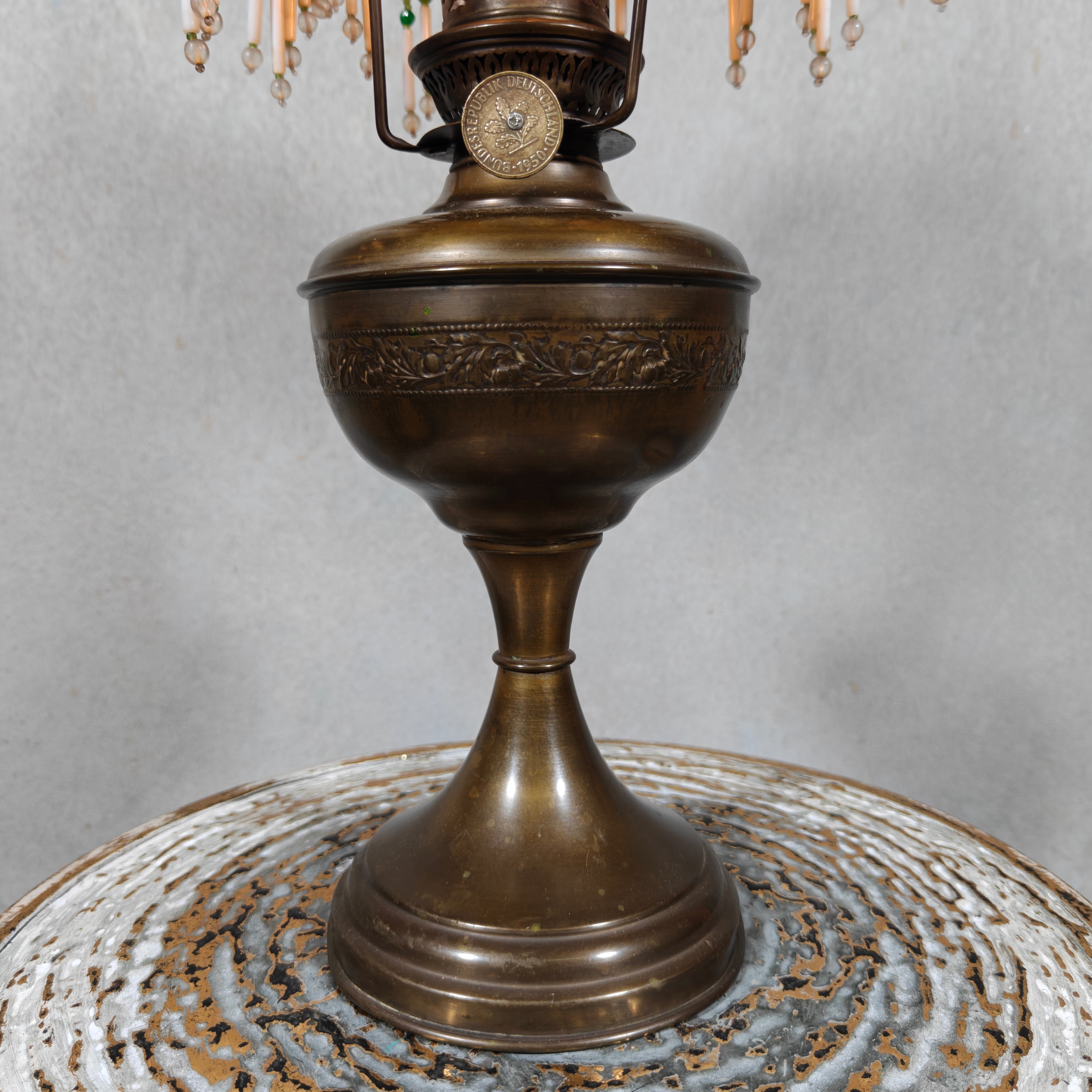 Ornate Brass Oil Lamp with Colored Glass Inserts and Beaded Details
