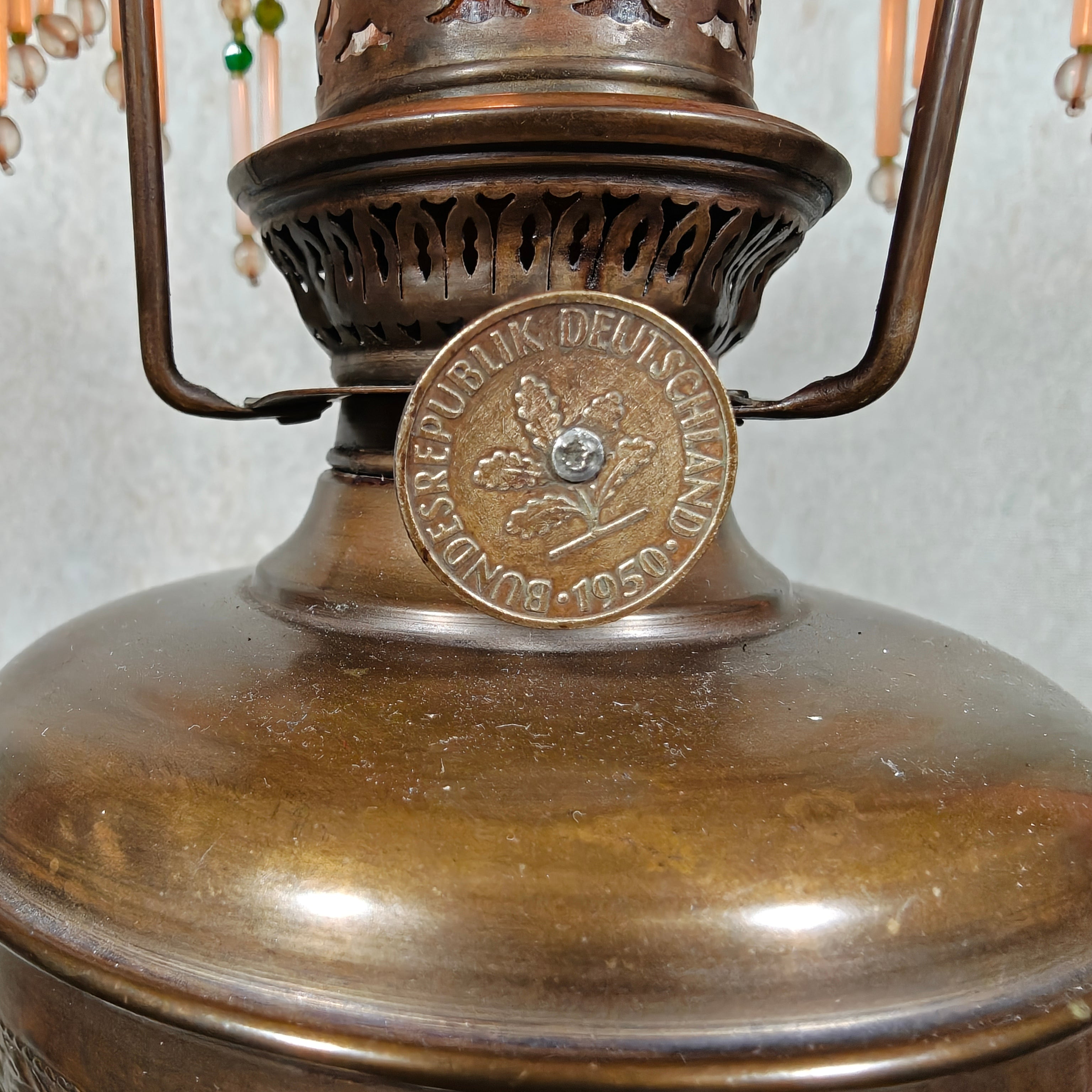Ornate Brass Oil Lamp with Colored Glass Inserts and Beaded Details