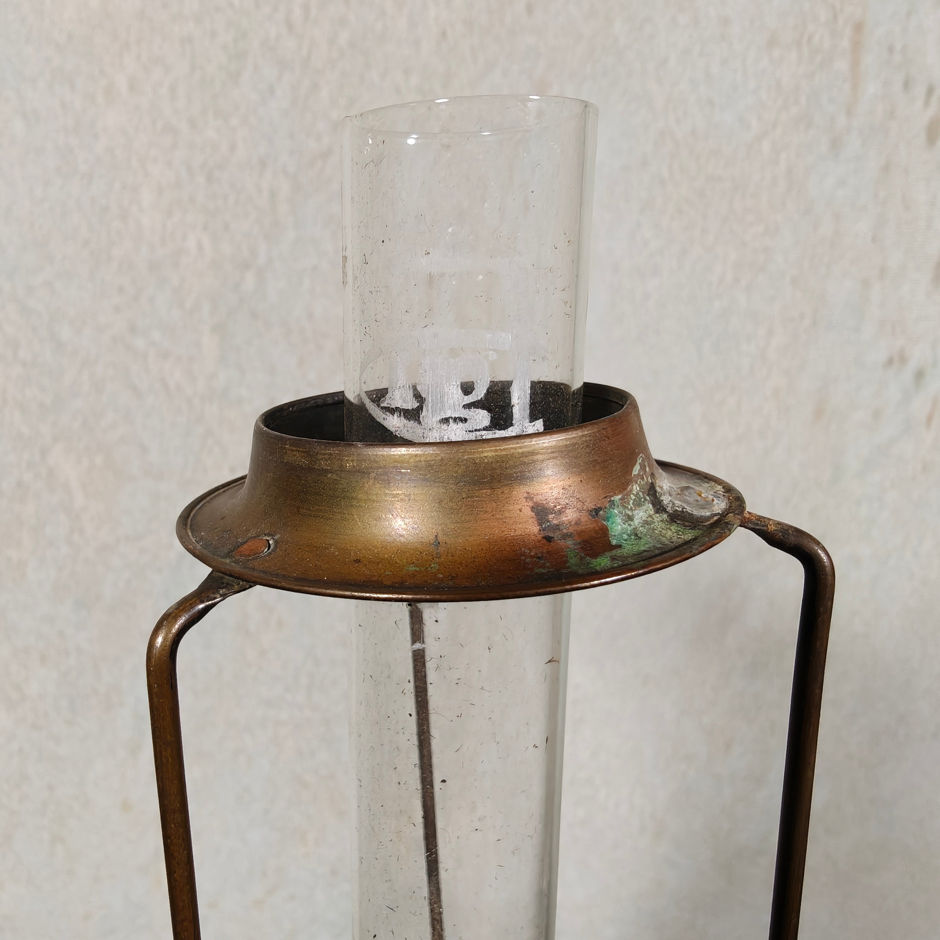 Ornate Brass Oil Lamp with Colored Glass Inserts and Beaded Details