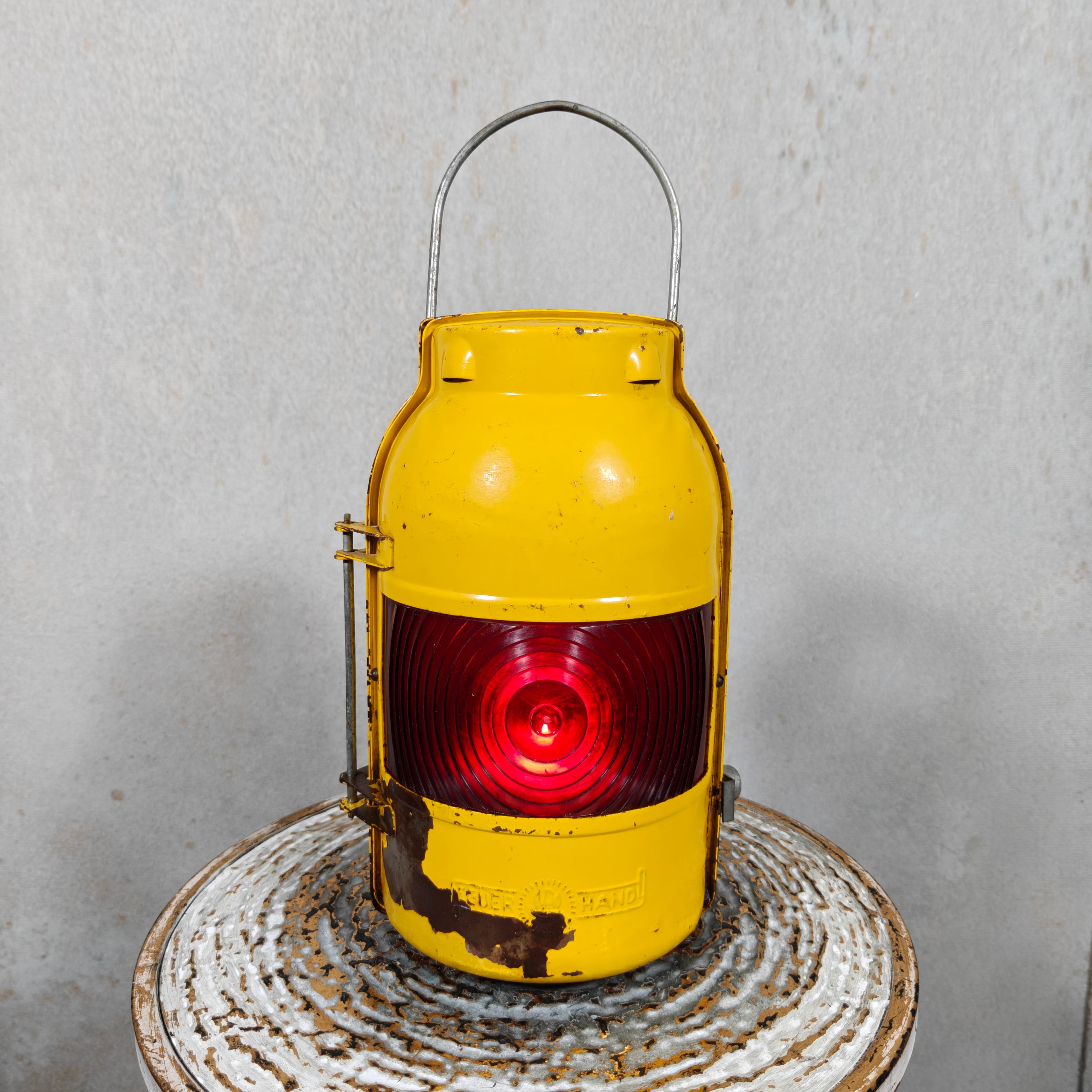 Rare Early Feuerhand Yellow Road Worker Lantern with Curved Lens
