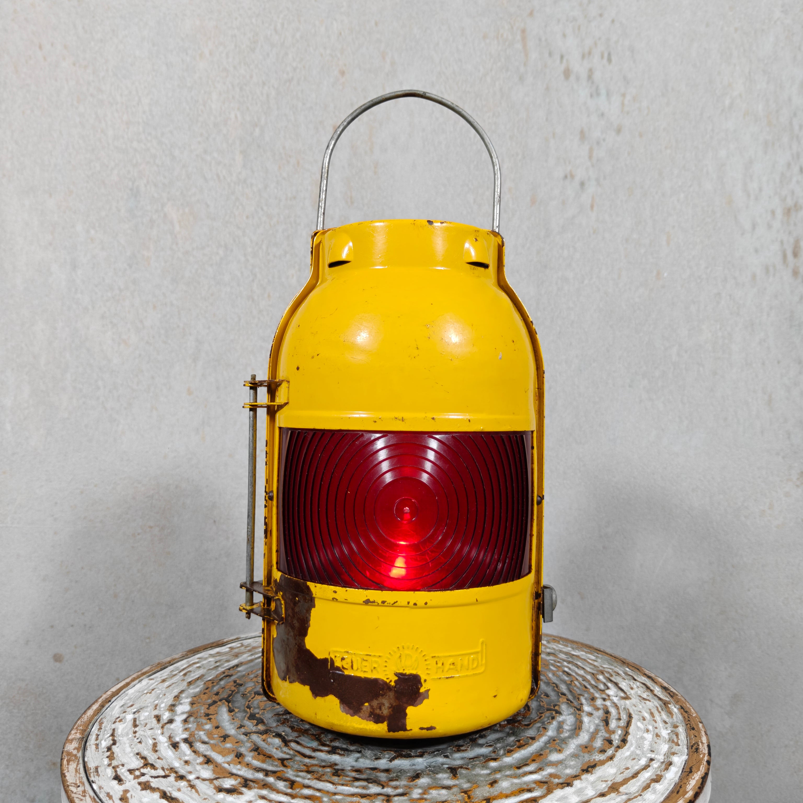 Rare Early Feuerhand Yellow Road Worker Lantern with Curved Lens