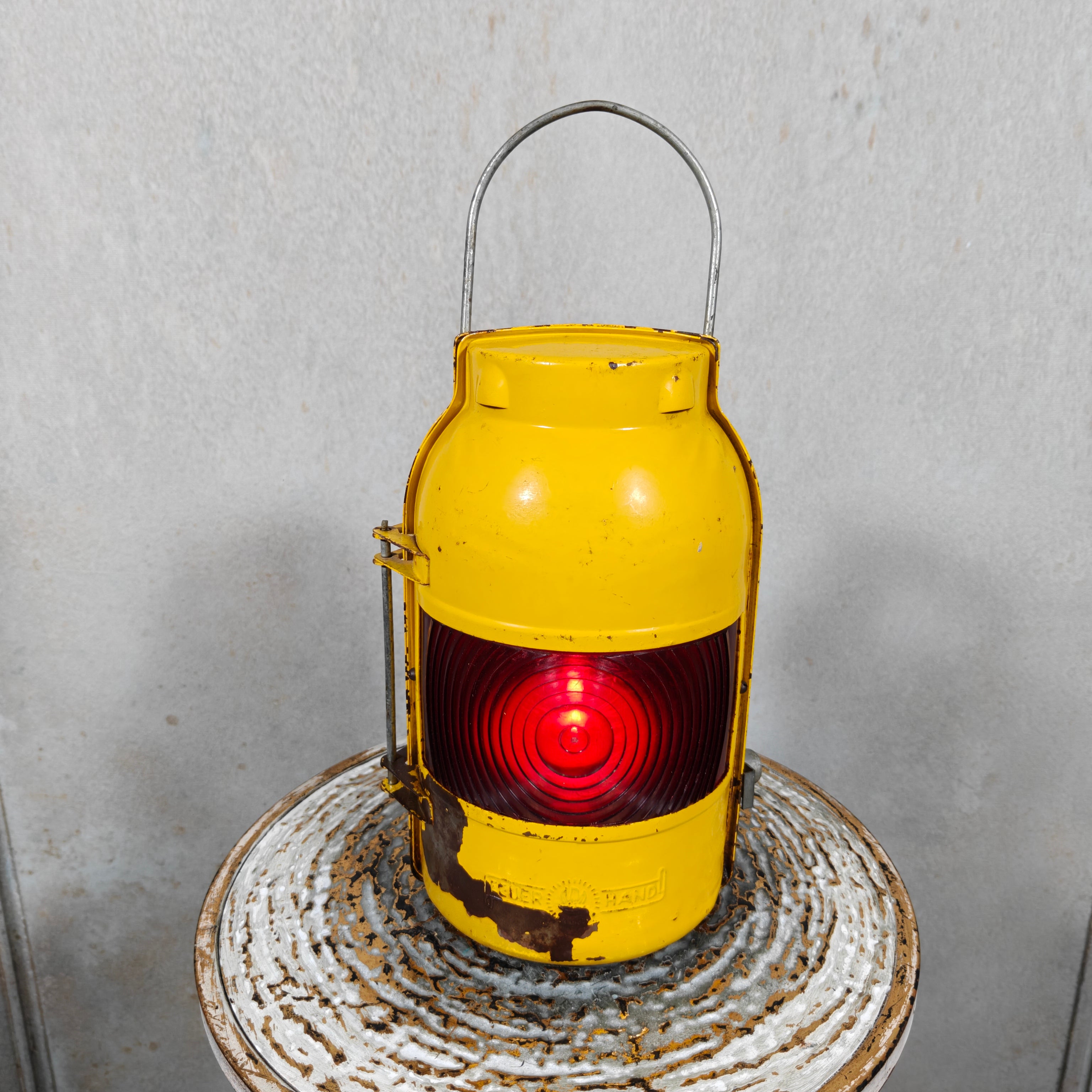 Rare Early Feuerhand Yellow Road Worker Lantern with Curved Lens