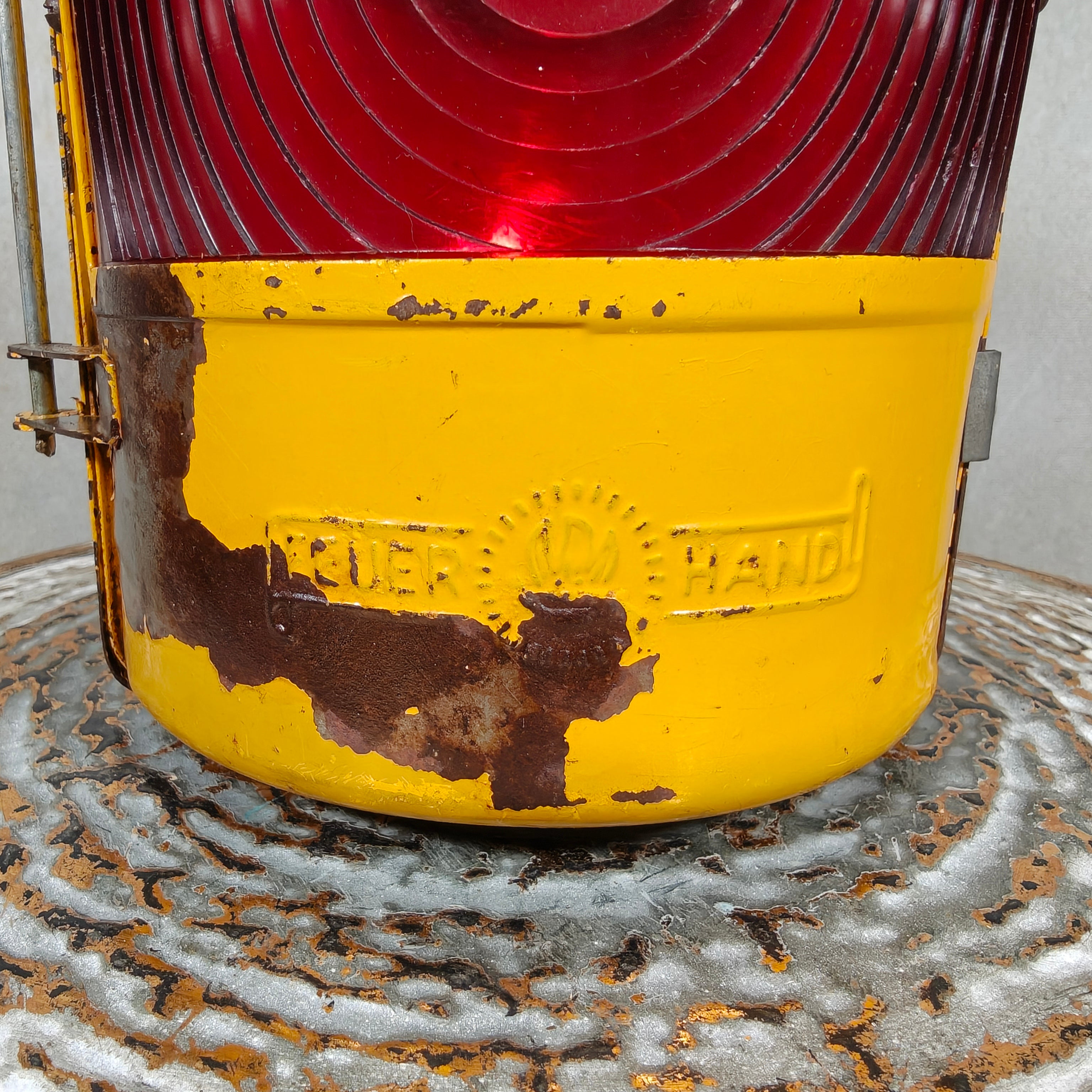Rare Early Feuerhand Yellow Road Worker Lantern with Curved Lens